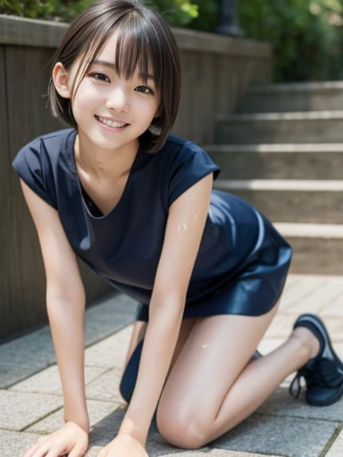 muste piece, Top quality, 8K, , japanese girl, slender, Raw photo, absurd, award-winning portraits, (detailed face, shy smile), solo,navy blue sport mini dress, soaking wet、wet body、short sleeve, soaking wet、wet body、idol face, super mini skirt, slim legs, shoes,  whole body shot from the bottom of the stairs, whole body shot from a Low - Angle, detailed face), refreshing shy smile, slender girl, Golden short-cut hair, dark eyes, whole body, digital single lens reflex, look at the viewer, Frank, sophisticated, like々New, perfect whole body balance, (Low - Angle), professional lighting, (Eye and face details: 1.0), (It&#39;s blurry: 1.1)