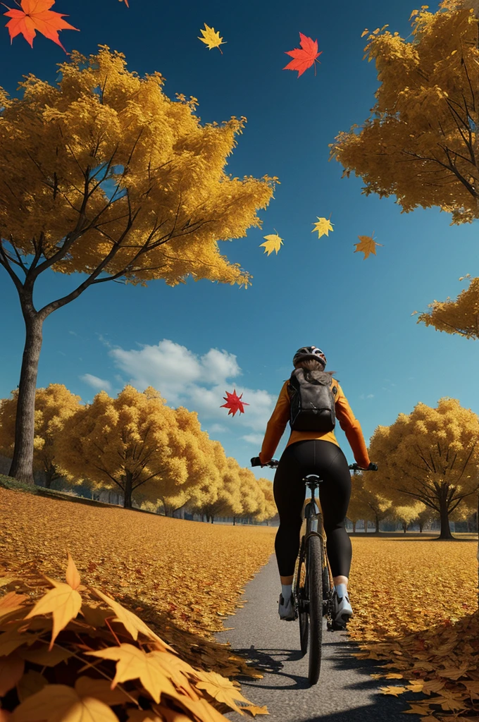 red yellow maple leaves in the air, blue sky, autumn leaves falling, Cycling girl backview, surrounded by leaves floating in the air, strong wind effect, octane render, intricate, (best quality, masterpiece, Representative work, official art, Professional, unity 8k wallpaper)