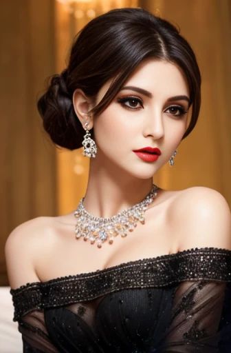 Lebanese woman, diamond dangling earrings, necklace, bracelets, small breasts, 40 years old, smokey eyes, cleavages, red lips, innocent face, cyan fashion ball gown, stylish hairstyle, posing, modeling, off-shoulder