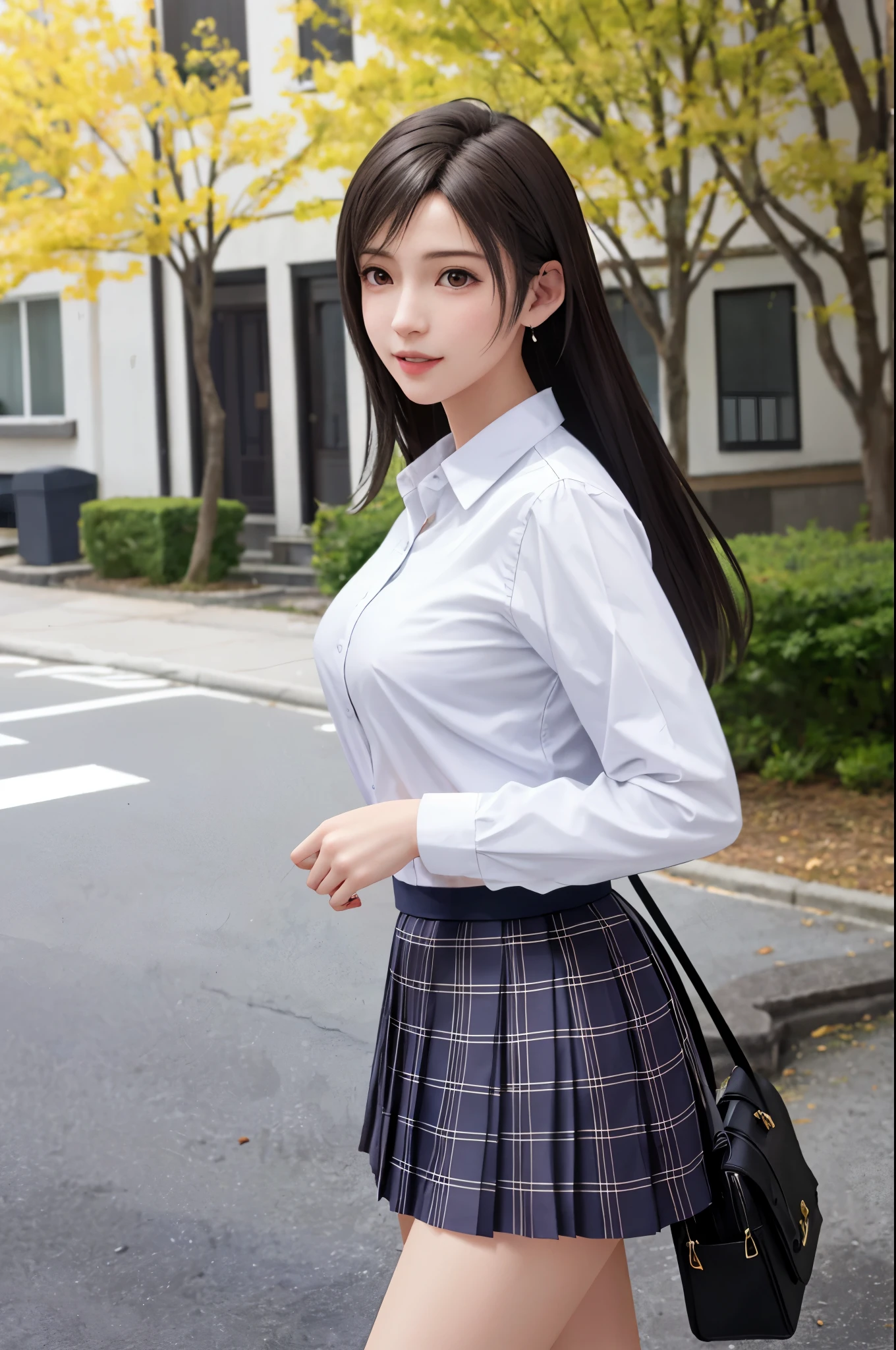 (top quality, masutepiece: 1.1), (Realistic: 1.3), BREAK (((FF7,Tifa_lockhart))),(solo,Tifa:1.2),(japanese ,high school student,school uniform, Plaid pleated skirt:1.5,button-down white shirt:1.3) ,(autumn,walking, outdoor),(sexy pose:1.2),Ultra-detailed face, Detailed eyes,Red eyes, BREAK (((FF7,Tifa_lockhart))),(light brown hair, Large breasts: 1.2), BREAK (Small and beautiful hard nipple) About 18 years old,kawaii,smile,zettai_ryouiki:1.1,cowboy shot