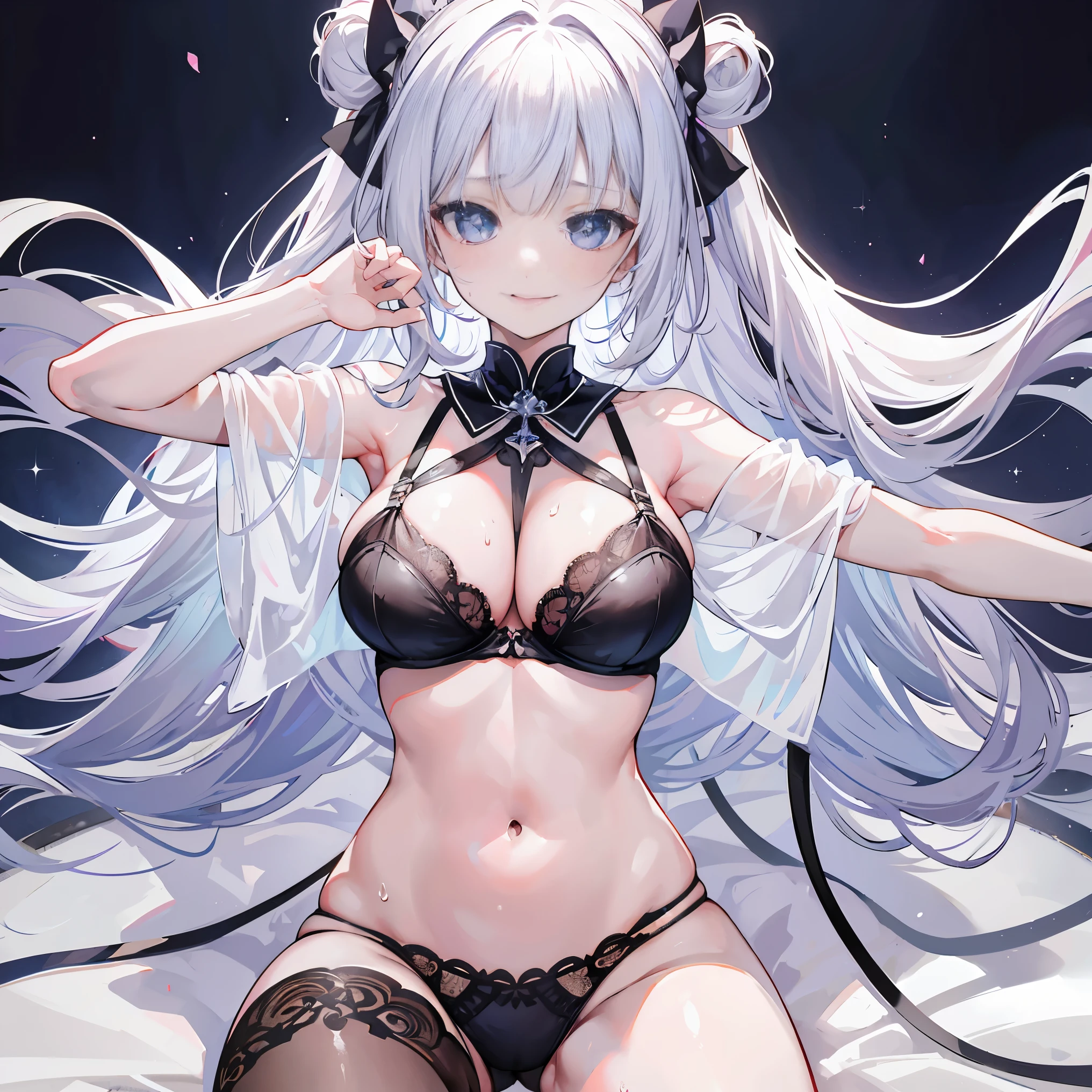 (high resolution), (absurd), (best quality), (high quality), (masterpiece), silver hair, blue eyes, Double tail, hair above one eye, (big deal), white thighs, looking at the audience, wet, Sweat, Awkward的, 8K, high quality, Smile, show, movie lighting, beautiful fingers, well-shaped fingers, high detail, sonife , Lovely, mind, Awkward, Slobber, navel, Sweat, wet, big deal, White skin, light hair, cheeks flushed, crystal clear White skin, shining eyes, on the bed, Color contact lenses, anime style, movement line, sparkling eyes, super big deal, About to burst, Tight, 巨big deal, 滴Sweat, Shoulder, shiny hair, grinning eyes, afterwards, Ruffled bra, Down, Sticking out tongue, Too big deal breasts, black, pink ribbon in hair, pink ribbon on head, double teeth, show