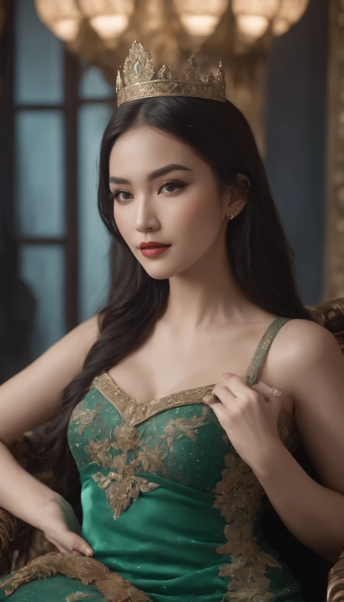 Prompt A beautiful traditional Indonesian mythical queen, with a slightly, cute and beautiful with flawless make-up, long black hair with a crown, wearing a luxurious green corset bustier (a combination of embroidery and sequins), wearing a batik skirt decorated with a shawl, sitting on the throne while taking a selfie. with kingdom atmosphere, detailed water air bubbles, perfectly proportioned body, hyperrealistic, ((UHD)),hyper-maximalism,