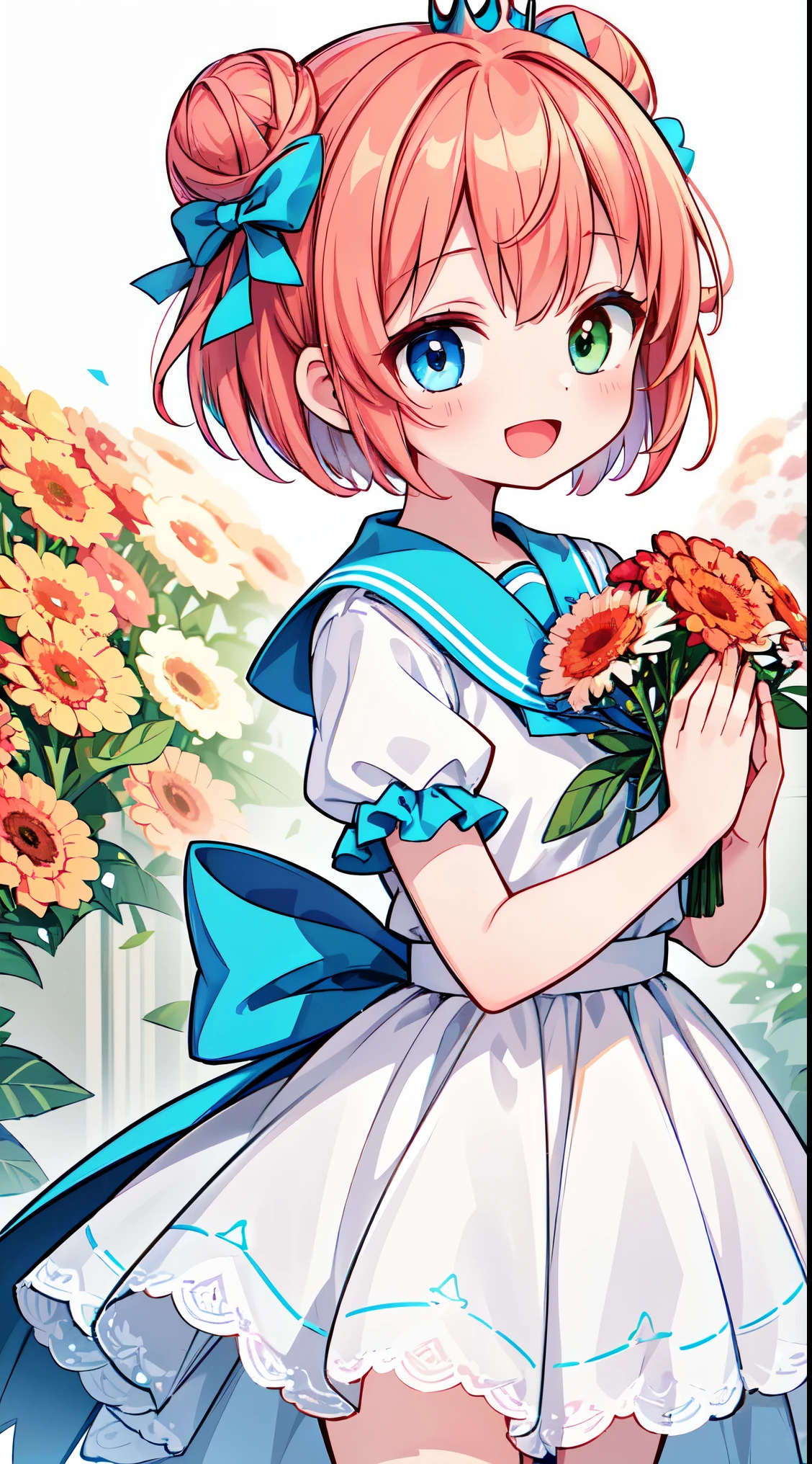 (masterpiece, top quality, best quality, official art, beautiful and aesthetic:1.2),ultra-detailed,intricate details,amazing illustration,award-winning art,atmospheric,
BREAK, 1 beautiful girl, (cute:1.5), (Little: 0.8), (cute: 1.5), (upon: 0.5), (17 year old girl), break(redhead, short hair,two bun hair:1.65),(heterochromia,blue eyes,green eyes, eye highlights,first ultrafine star:1.45) Star eyes silhouette thick eyelashes, naked boobs double eyelids:1.2),(white skin),break,transparent skin,beautiful skin, ,(highest quality faces),(The most brilliant eyes),(best smiling face,:D:1.45),
BREAK (white and pink theme:1.5), (white and pink Classical lolita fashion:1.5),(white and pink Princess dress adorned with a plethora of fresh gerbera (in various vibrant colors:1.2):1.5), (voluminous frills:1.3), (Basque waist:1.3), ((crinoline, long multilayer-voluminous ruffle skirt) adorned with a plethora of fresh gerbera (in various vibrant colors:1.2):1.5), (intricate floral lace embroidery:1.6), (Princess dress and ruffle skirt adorned with a plethora of fresh gerbera (in various vibrant colors:1.2):2.0),(white pink heels adorned with fresh gerbera flowers in various colors:1.2),(holding a bouquet of brightly colored flowers:1.1),
,(folded hands:1.8),(background of beautiful detailed The dazzling morning sun rises and Shrine grounds covered in snow:1.2),
BREAK,wakame,wakame,wakame,(Cowboy Shot:1.4),
BREAK,(Blurry background:1.3),(absurderes, hight resolution, Super Detail Art),cel shading,Clear Color, Lonely optical effect, Beautiful pictures, Bright glow, mystic atmosphere,(Close-up of girl:1.1), Mystical light particle effect,manga influence, clean line drawings,