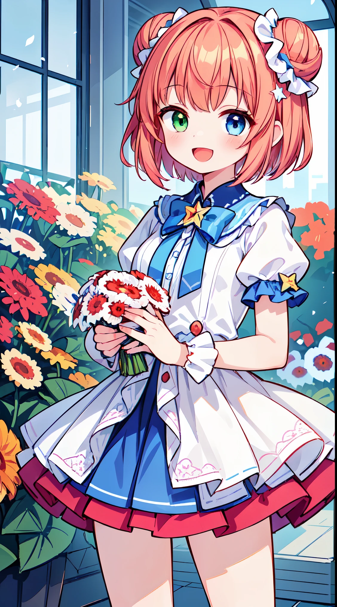 (masterpiece, top quality, best quality, official art, beautiful and aesthetic:1.2),ultra-detailed,intricate details,amazing illustration,award-winning art,atmospheric,
BREAK, 1 beautiful girl, (cute:1.5), (Little: 0.8), (cute: 1.5), (upon: 0.5), ( girl), break(redhead, short hair,two bun hair:1.65),(heterochromia,blue eyes,green eyes, eye highlights,first ultrafine star:1.45) Star eyes silhouette thick eyelashes, naked boobs double eyelids:1.2),(white skin),break,transparent skin,beautiful skin, ,(highest quality faces),(The most brilliant eyes),(best smiling face,:D:1.45),
BREAK (white and pink theme:1.5), (white and pink Classical lolita fashion:1.5),(white and pink Princess dress adorned with a plethora of fresh gerbera (in various vibrant colors:1.2):1.5), (voluminous frills:1.3), (Basque waist:1.3), ((crinoline, long multilayer-voluminous ruffle skirt) adorned with a plethora of fresh gerbera (in various vibrant colors:1.2):1.5), (intricate floral lace embroidery:1.6), (Princess dress and ruffle skirt adorned with a plethora of fresh gerbera (in various vibrant colors:1.2):2.0),(white pink heels adorned with fresh gerbera flowers in various colors:1.2),(holding a bouquet of brightly colored flowers:1.1),
,(folded hands:1.8),(background of beautiful detailed The dazzling morning sun rises and Shrine grounds covered in snow:1.2),
BREAK,wakame,wakame,wakame,(Cowboy Shot:1.4),
BREAK,(Blurry background:1.3),(absurderes, hight resolution, Super Detail Art),cel shading,Clear Color, Lonely optical effect, Beautiful pictures, Bright glow, mystic atmosphere,(Close-up of girl:1.1), Mystical light particle effect,manga influence, clean line drawings,