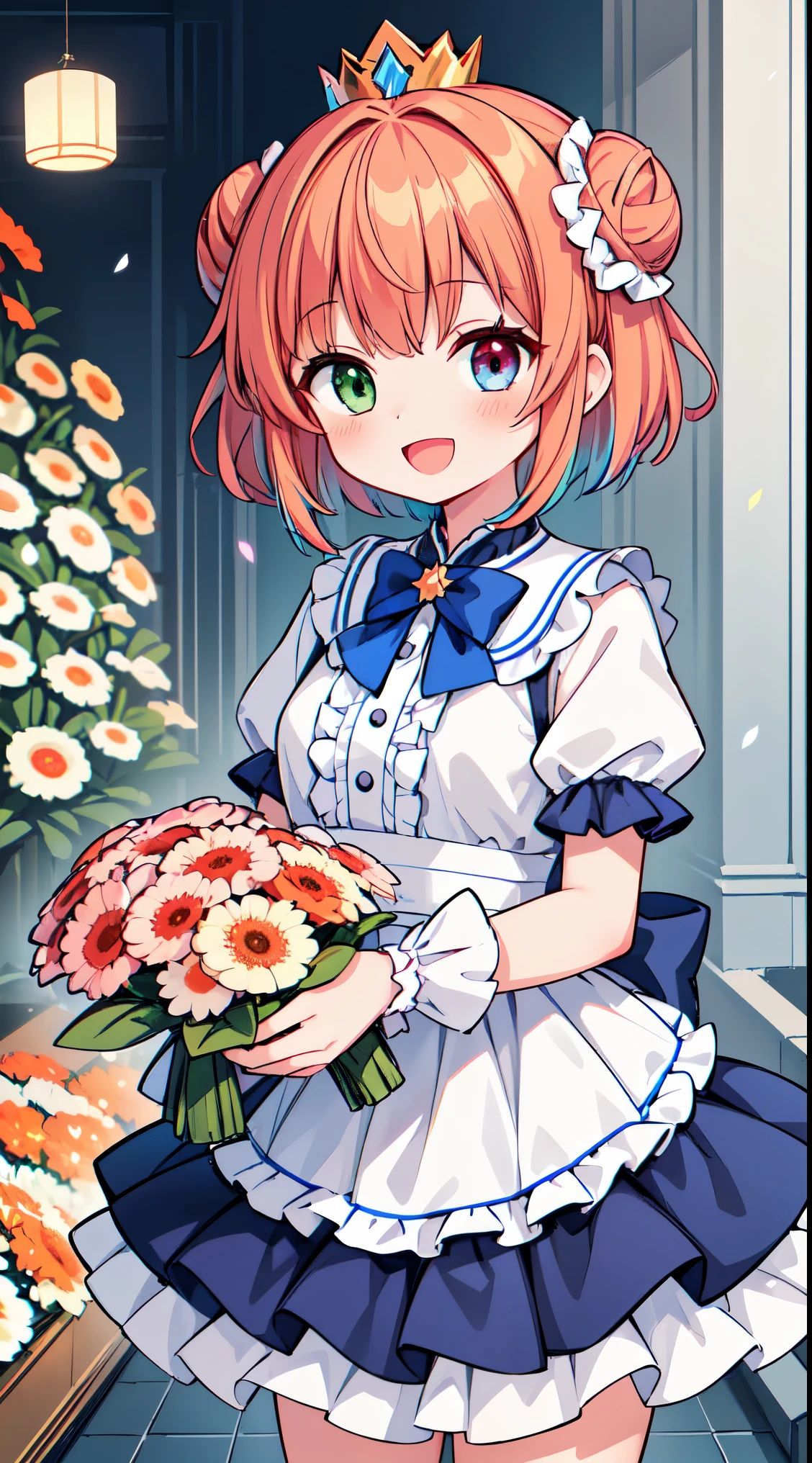 (masterpiece, top quality, best quality, official art, beautiful and aesthetic:1.2),ultra-detailed,intricate details,amazing illustration,award-winning art,atmospheric,
BREAK, 1 beautiful girl, (cute:1.5), (Little: 0.8), (cute: 1.5), (upon: 0.5), (17 year old girl), break(redhead, short hair,two bun hair:1.65),(heterochromia,blue eyes,green eyes, eye highlights,first ultrafine star:1.45) Star eyes silhouette thick eyelashes, naked boobs double eyelids:1.2),(white skin),break,transparent skin,beautiful skin, ,(highest quality faces),(The most brilliant eyes),(best smiling face,:D:1.45),
BREAK (white and pink theme:1.5), (white and pink Classical lolita fashion:1.5),(white and pink Princess dress adorned with a plethora of fresh gerbera (in various vibrant colors:1.2):1.5), (voluminous frills:1.3), (Basque waist:1.3), ((crinoline, long multilayer-voluminous ruffle skirt) adorned with a plethora of fresh gerbera (in various vibrant colors:1.2):1.5), (intricate floral lace embroidery:1.6), (Princess dress and ruffle skirt adorned with a plethora of fresh gerbera (in various vibrant colors:1.2):2.0),(white pink heels adorned with fresh gerbera flowers in various colors:1.2),(holding a bouquet of brightly colored flowers:1.1),
,(folded hands:1.8),(background of beautiful detailed The dazzling morning sun rises and Shrine grounds covered in snow:1.2),
BREAK,wakame,wakame,wakame,(Cowboy Shot:1.4),
BREAK,(Blurry background:1.3),(absurderes, hight resolution, Super Detail Art),cel shading,Clear Color, Lonely optical effect, Beautiful pictures, Bright glow, mystic atmosphere,(Close-up of girl:1.1), Mystical light particle effect,manga influence, clean line drawings,