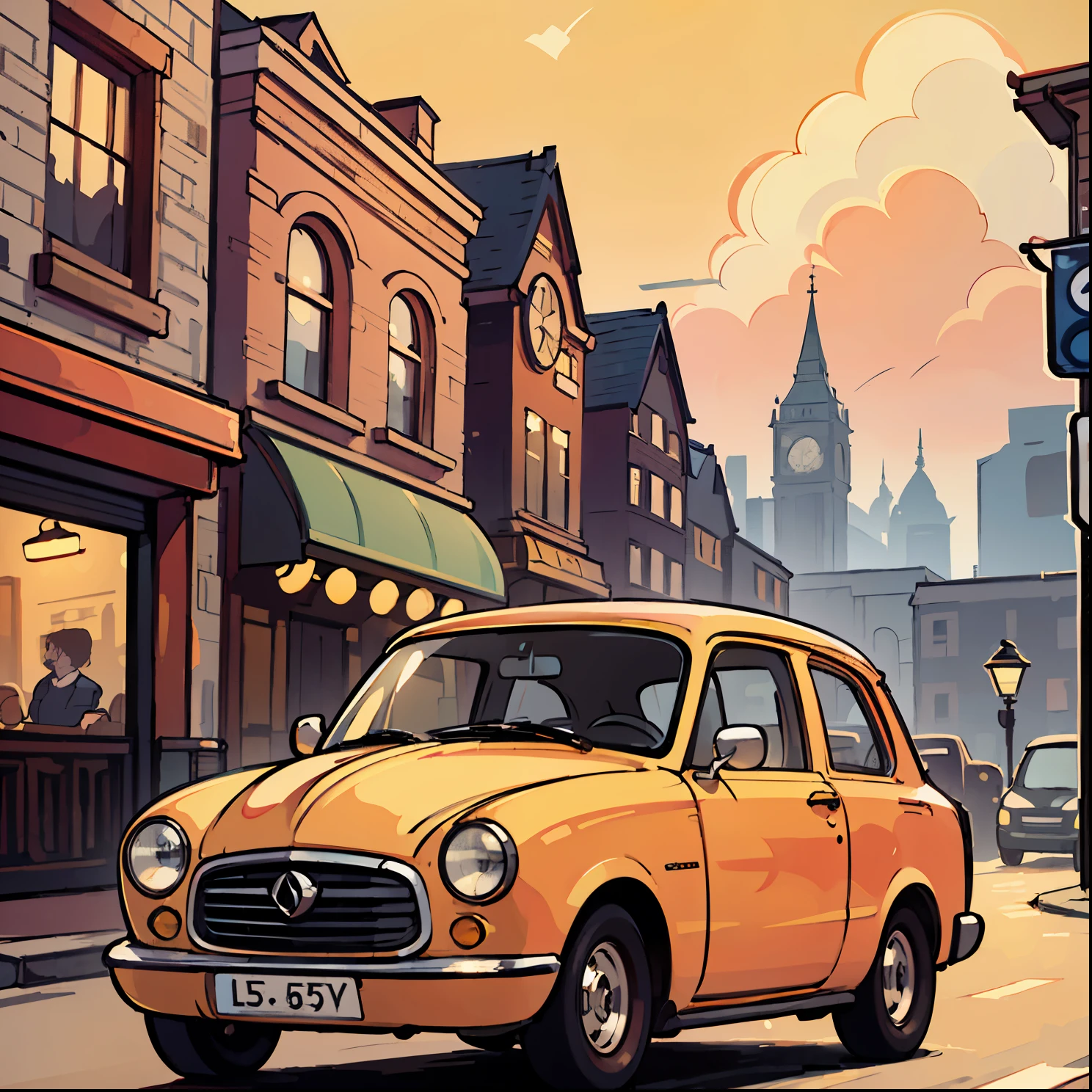A car in London, wood texture, detailed streets, beautiful cityscape, high quality, realistic, vibrant colors, vintage style, warm color tones, soft lighting