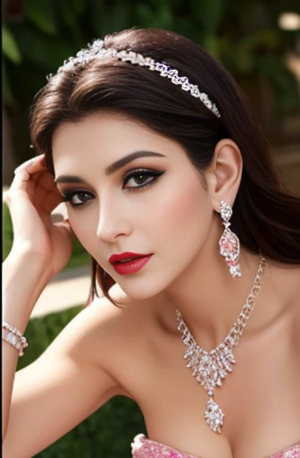 Lebanese woman, diamond dangling earrings, necklace, bracelets, small breasts, 40 years old, smokey eyes, nipples, red lips, innocent face, naked, stylish hairstyle, posing, modeling, radiant skin, oily skin