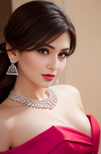 Lebanese woman, diamond dangling earrings, necklace, bracelets, small breasts, 40 years old, smokey eyes, cleavages, red lips, innocent face, pink fashion strapless ball gown, stylish hairstyle, posing, modeling, off-shoulder