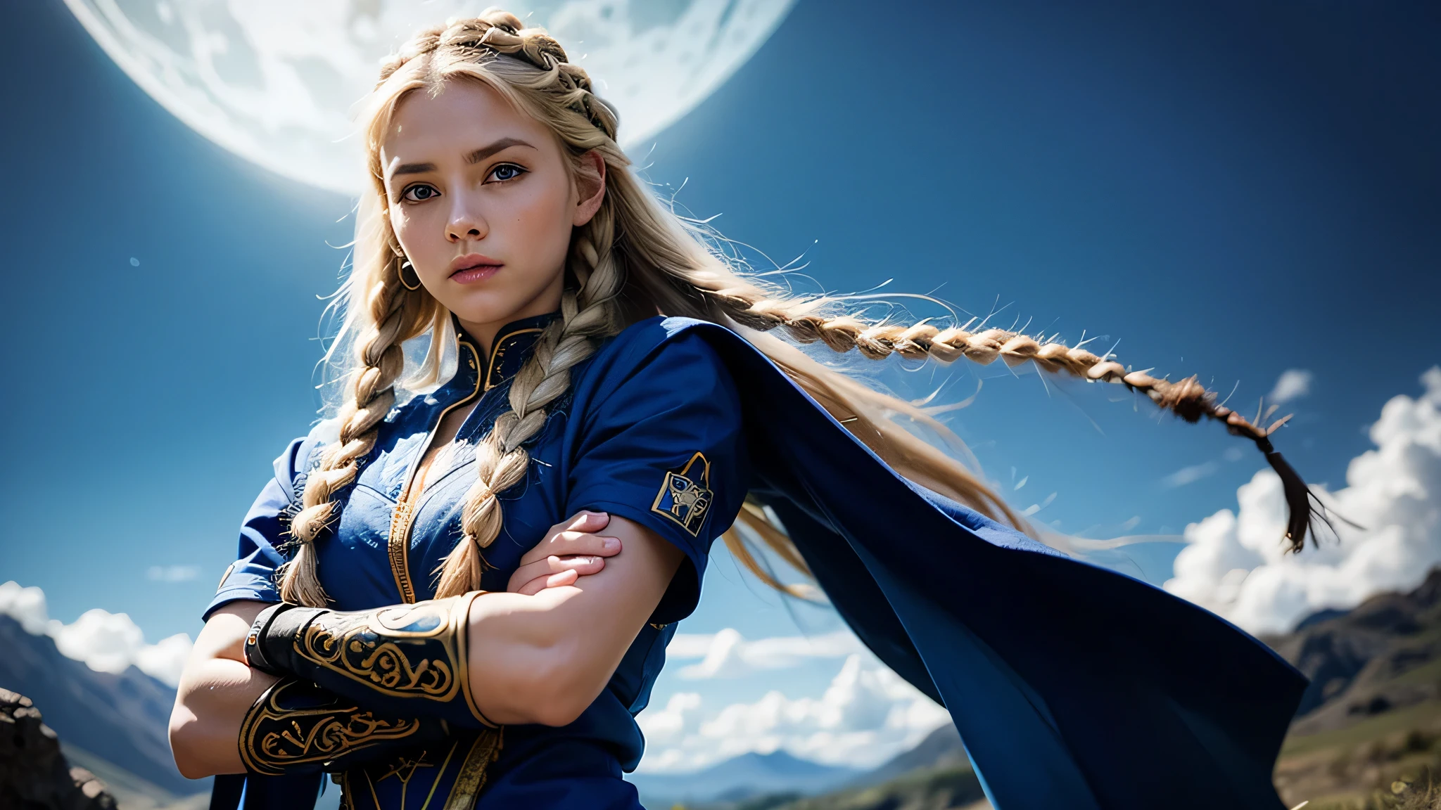 white woman with two braids and blue eyes, Olhando para o oceano, Mulher bonita e estilo viking, blonde braids and blue eyes, Two Long Braids, cabelos castanhos claros, olhos azuis, Olhos do Azure, Olhos azuis lindos, olhos azuis impressionantes, Norse goddess, crossed arms, fundo universo, Universo de fundo, crossed arms, roupa futurista azul escuro cobrindo todo o corpo, roupa futurista azul escuro,