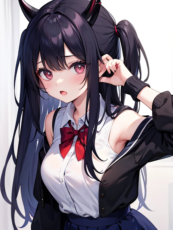 18 year old woman, dressed as a schoolgirl, long black hair, has devil horns, and has a facial expression like a villain