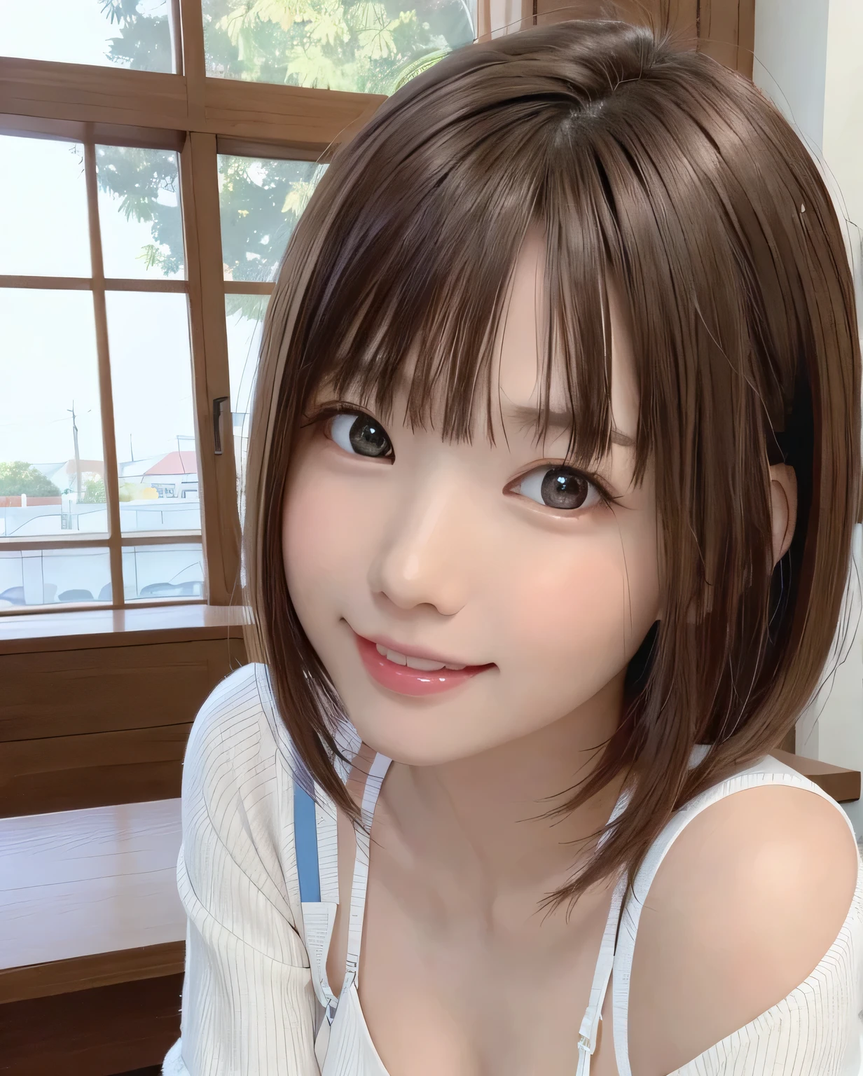 highest quality、Super detailed、masterpiece、realistic、photoreal、one girl、(cute17歳の女の子、small head)、(cute:1.2)、big smile、(brown hair、short bob hair)、eyes are white gray、perfect shiny skin、((thin))、((perfect body))、model pose、accurate depiction、perfect face、Brown cardigan、white shirt、off shoulder、flat body、slim、cuteタイプ、Look at this、bright lighting、sunny day、Cafe、Terrace background,think back