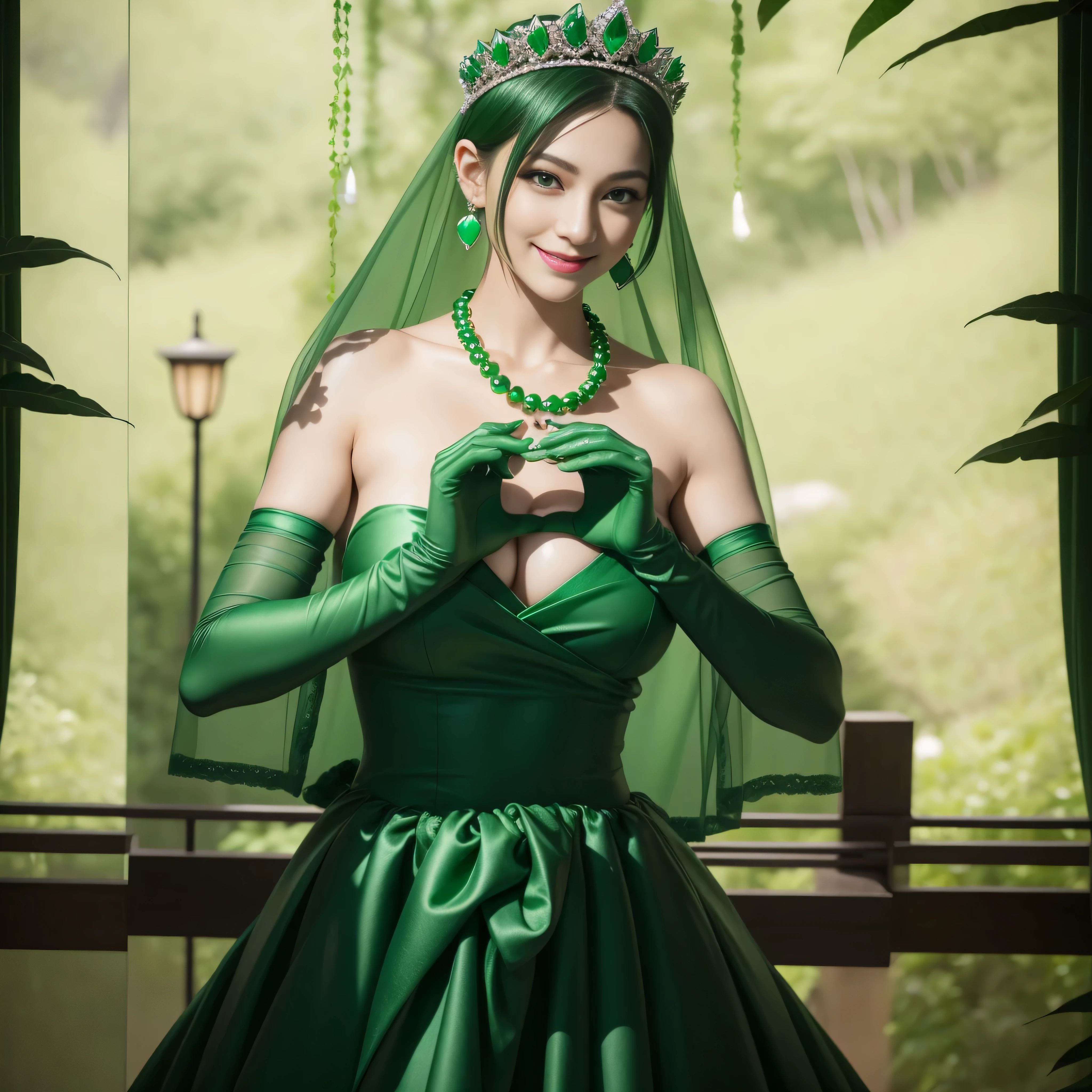 emerald tiara, Green Pearl Necklace, Boyish very short green hair, lipstick, Japan woman smiling, very short short hair, Busty beauty, green eyes, Long green gloves made of satin material, green eyes, Emerald Earrings, green vale, Heart with both hands