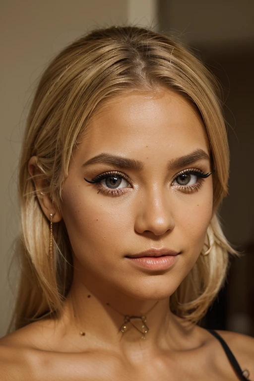 Photorealistic, photo of a girl, blonde hair, deeply tanned, full make up, big upper eyelashes, eyeliner arrows