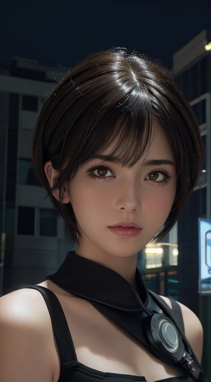 (masterpiece:1.3), (8K, realistic, RAW photo, highest quality: 1.4), (1 girl), cute face, (realistic face), (black hair, short hair:1.3), beautiful hairstyle, realistic eyes, fine fine eyes, (realistic skin), beautiful skin, (Breasttop), disorganized, Charm, Ultra-detailed resolution, Surreal golden ratio, very detailed, upper body, cyber punk, Cyber City, night background, street