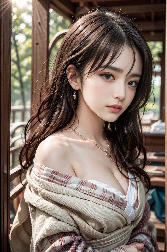 ((RAW shooting:1.5)), (photorealistic:1.5, muste piece:1.5, 8K), (highest quality, masterpiece, ultra high resolution), morning, Shrine precincts, ((fog the lens:1.4)), ((Shoot with blur:1.5)), ((sunrise, sunlight shining from behind:1.6, Strong sunlight spreads across the screen:1.6)), ((Strong sunlight shines on a woman:1.7)), ((The entire screen appears white and hazy due to strong sunlight.:1.8)), ((The woman looks blurry due to the strong sunlight:1.9)), professional camera work:1.3, Highly detailed skin and facial textures:1.3, glow light effect, super detail:1.3, 1 girl, fair skin, glossy skin, (sense of clarity:1.4, small face), extremely beautiful face:1.5, (sense of clarityを感じる目:0.9, looking far away), A sloppy smile:1.0, (mouth slightly open:0.4, sense of clarityを感じる口当たり:0.7), double eyelid, dark brown medium hair, necklace and earrings, (Wearing a pink kimono correctly Off-shoulder)
