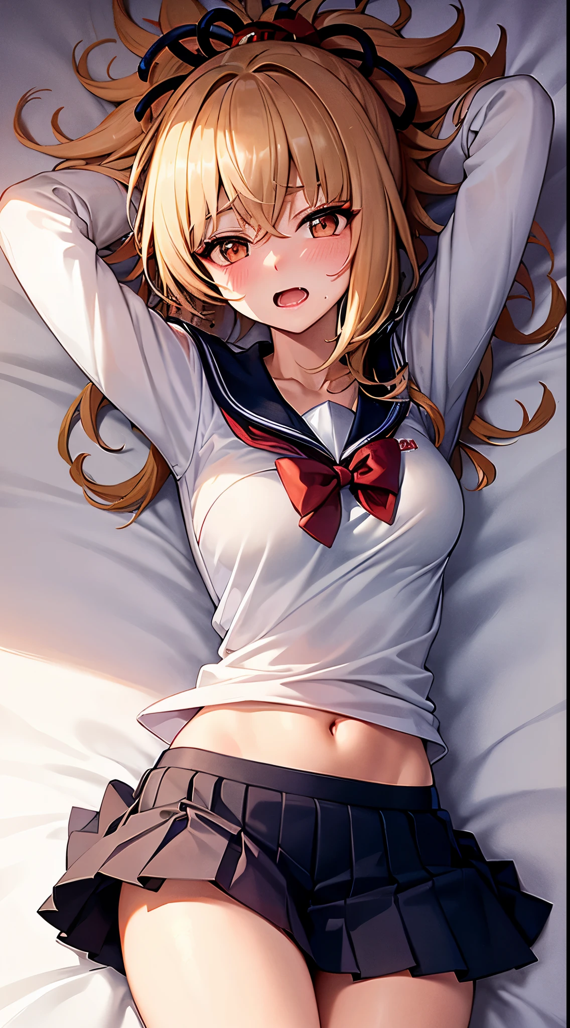 solo, 1girl, medium breasts, sailor suite, serafuku, school uniform, pleated skirt, (white kneehighs), arms up, open shirt, undressing, clothes pull, white bra, (white panties), shy, blush, full of sweat, Wearing sweat, closed eyes, open mouth, (saliva), wet, sweat, ((lie on bed)), on bed, bedroom, tousled bedsheet, hight resolution, top-quality, ultra-quality, The ultra-detailliert, extremely details CG, detailed portrait, beautiful detailed eyes, delicate skin texture, slight makeup, teary eyes, subtle blush on cheeks, overwhelmed emotions, gentle sweat droplets on forehead, lighting like a movie, vibrant colors, high contrast, intimate lighting, soft lighting