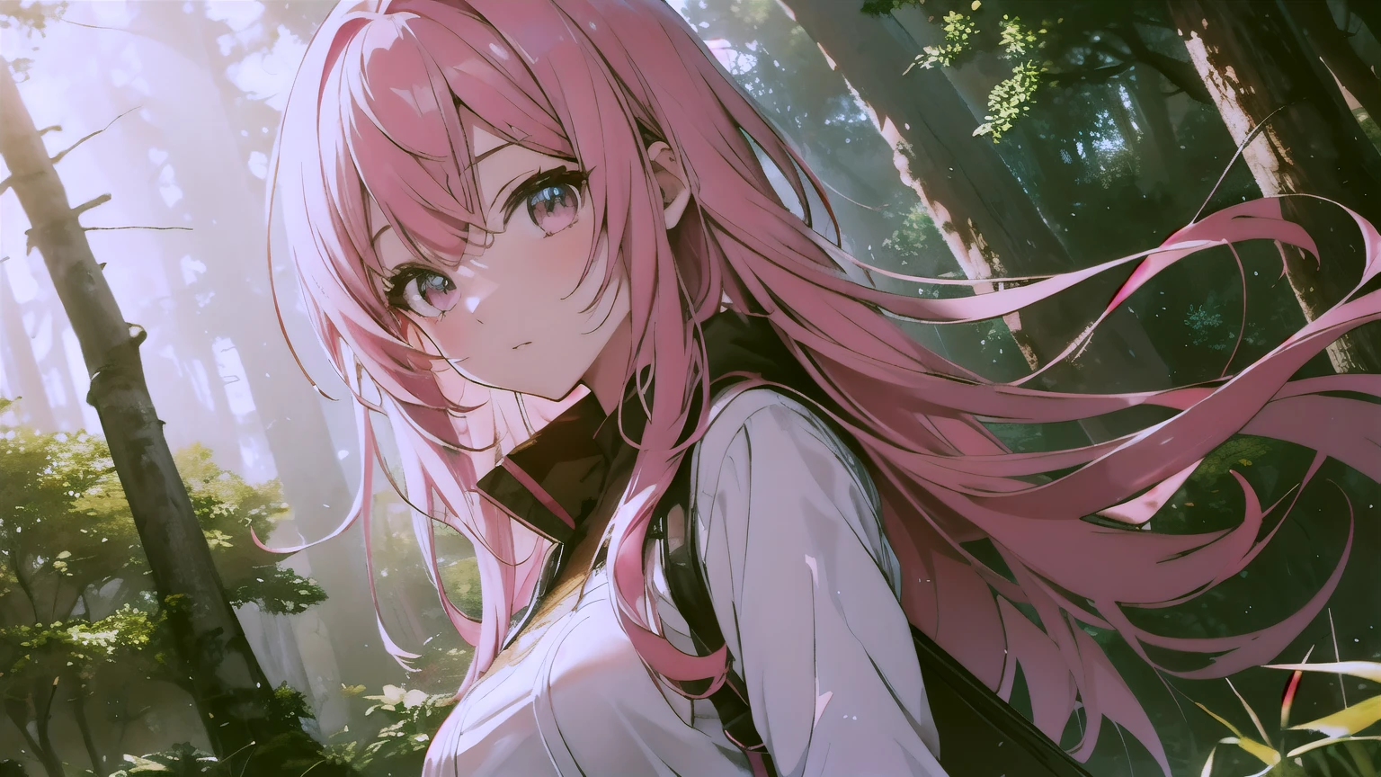 beautiful anime girl with pink hair, forest background