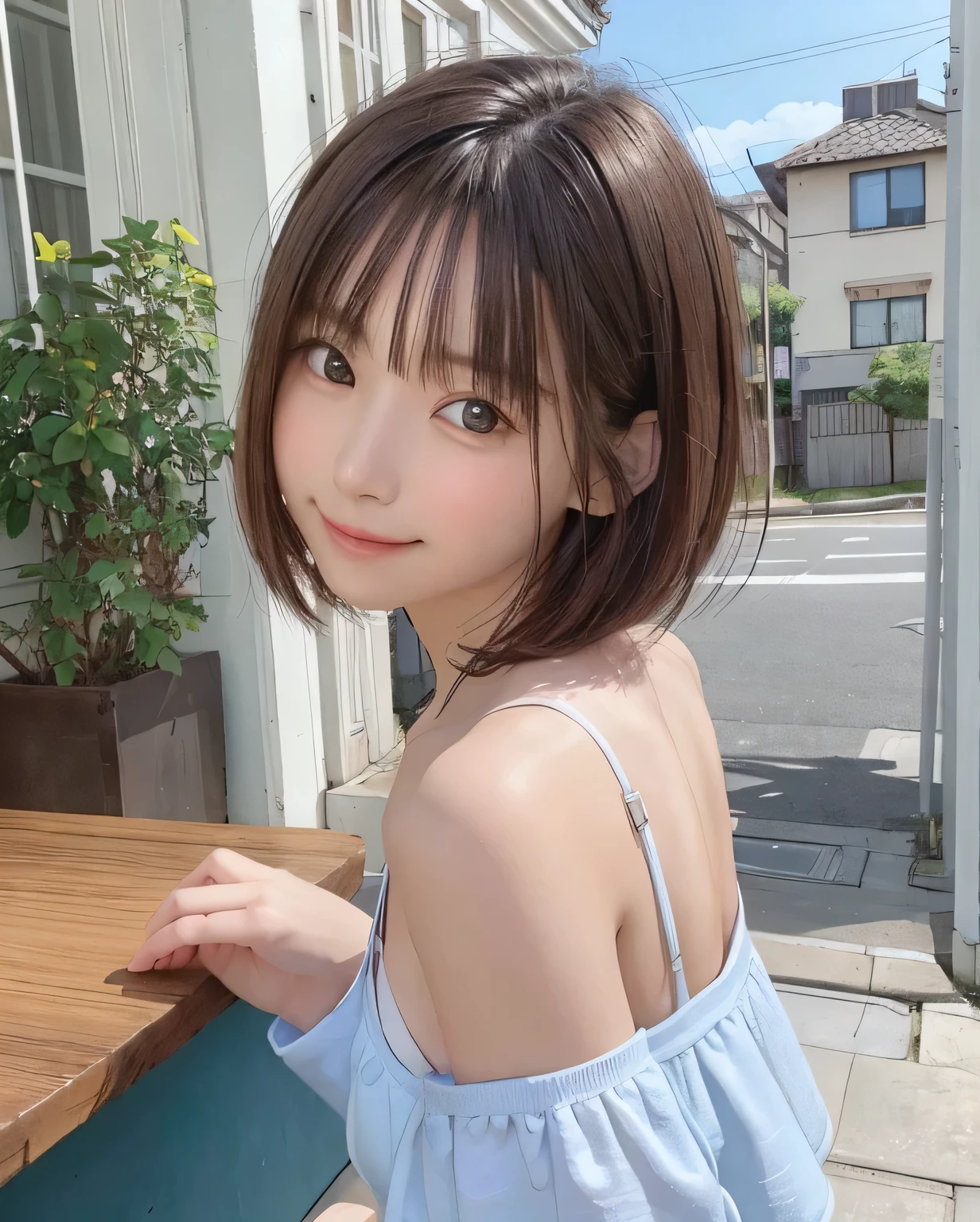 highest quality、Super detailed、masterpiece、realistic、photoreal、one girl、(cute17歳の女の子、small head)、(cute:1.2)、big smile、(brown hair、short bob hair)、eyes are turquoise blue、perfect shiny skin、((thin))、((perfect body))、model pose、accurate depiction、perfect face、Brown cardigan、white shirt、off shoulder、flat body、slim、cuteタイプ、Look at this、bright lighting、sunny day、Cafe、Terrace background,think back