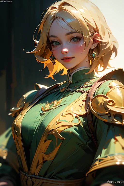 (realistic:1.3), rembrandt lighting, (masterpiece:1.2), (photorealistic:1.2), (highest quality), (fine skin:1.3), (intricate details), ray tracing,blonde girl, 28 years old, fine skin texture, (blush:0.5),green clothes,devil enamel costume,smile,The whole body is shown