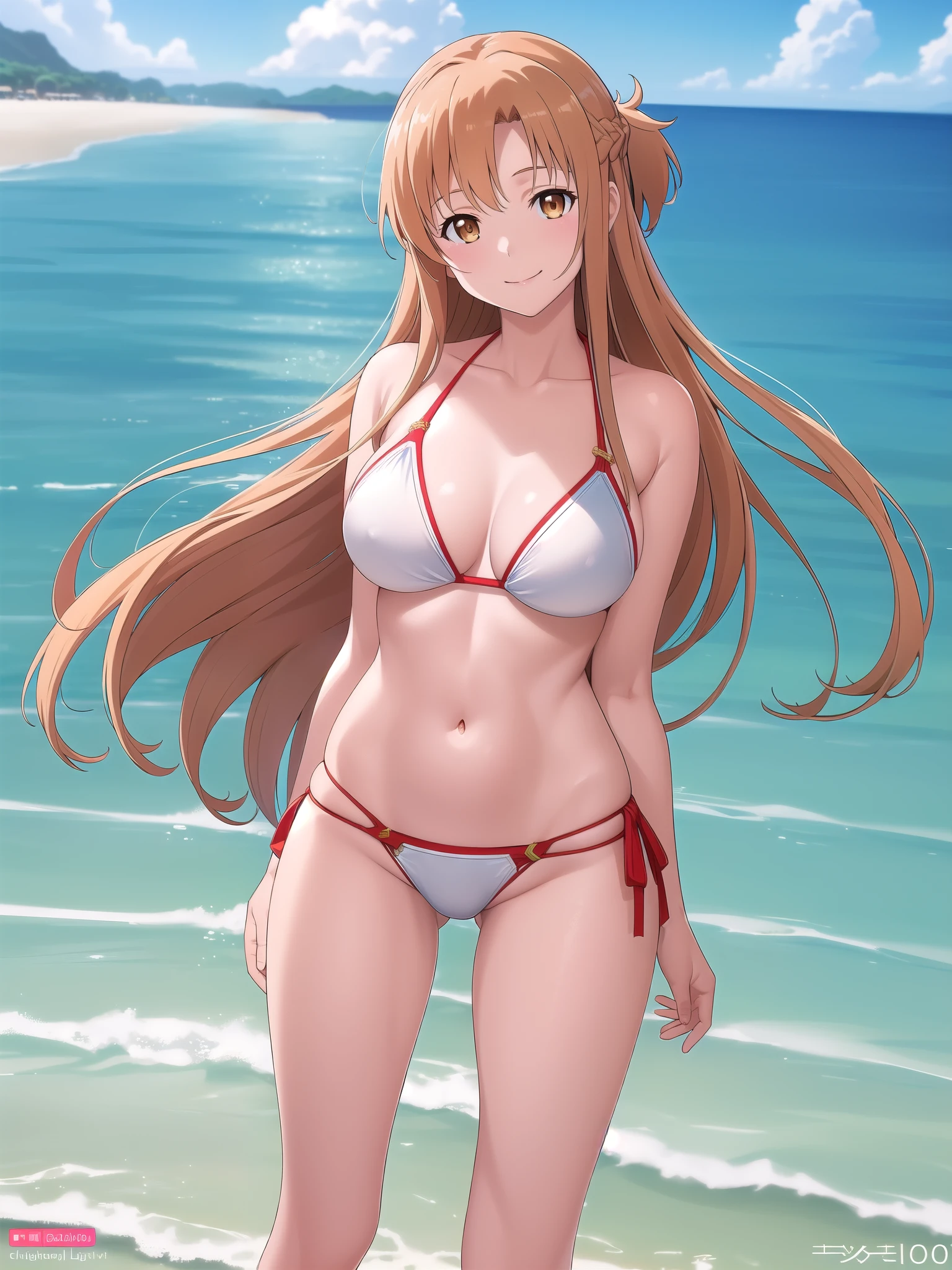 (best quality:1.5, highres, UHD, 4K, detailed lighting, shaders, HDR), asuna yuuki, light brown long hair, large breasts, white bikini, thighs, crotch, smiling, standing, sexy, hot, close shot, beach background