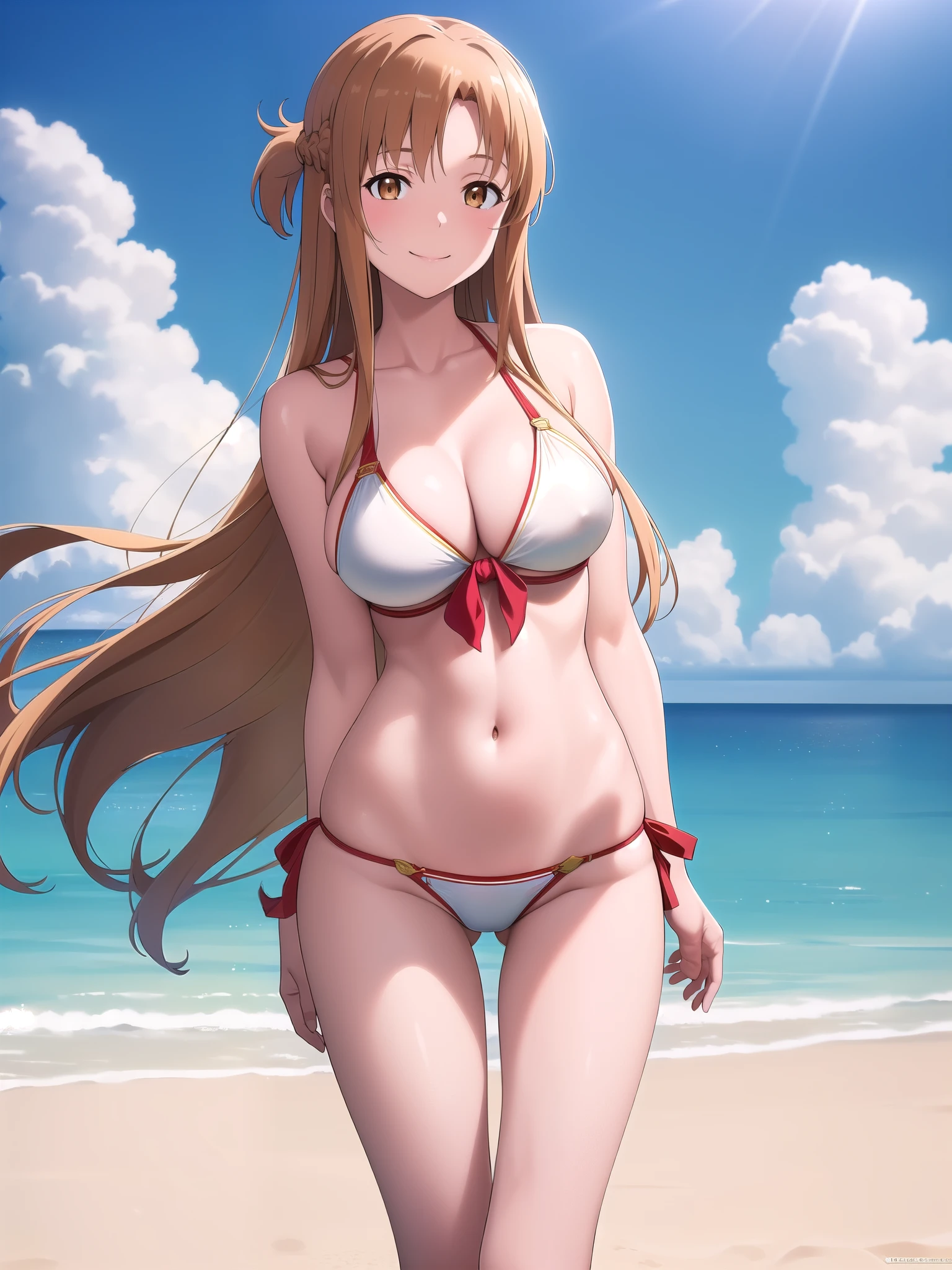 (best quality:1.5, highres, UHD, 4K, detailed lighting, shaders, HDR), asuna yuuki, light brown long hair, large breasts, white bikini, thighs, crotch, smiling, standing, sexy, hot, close shot, beach background