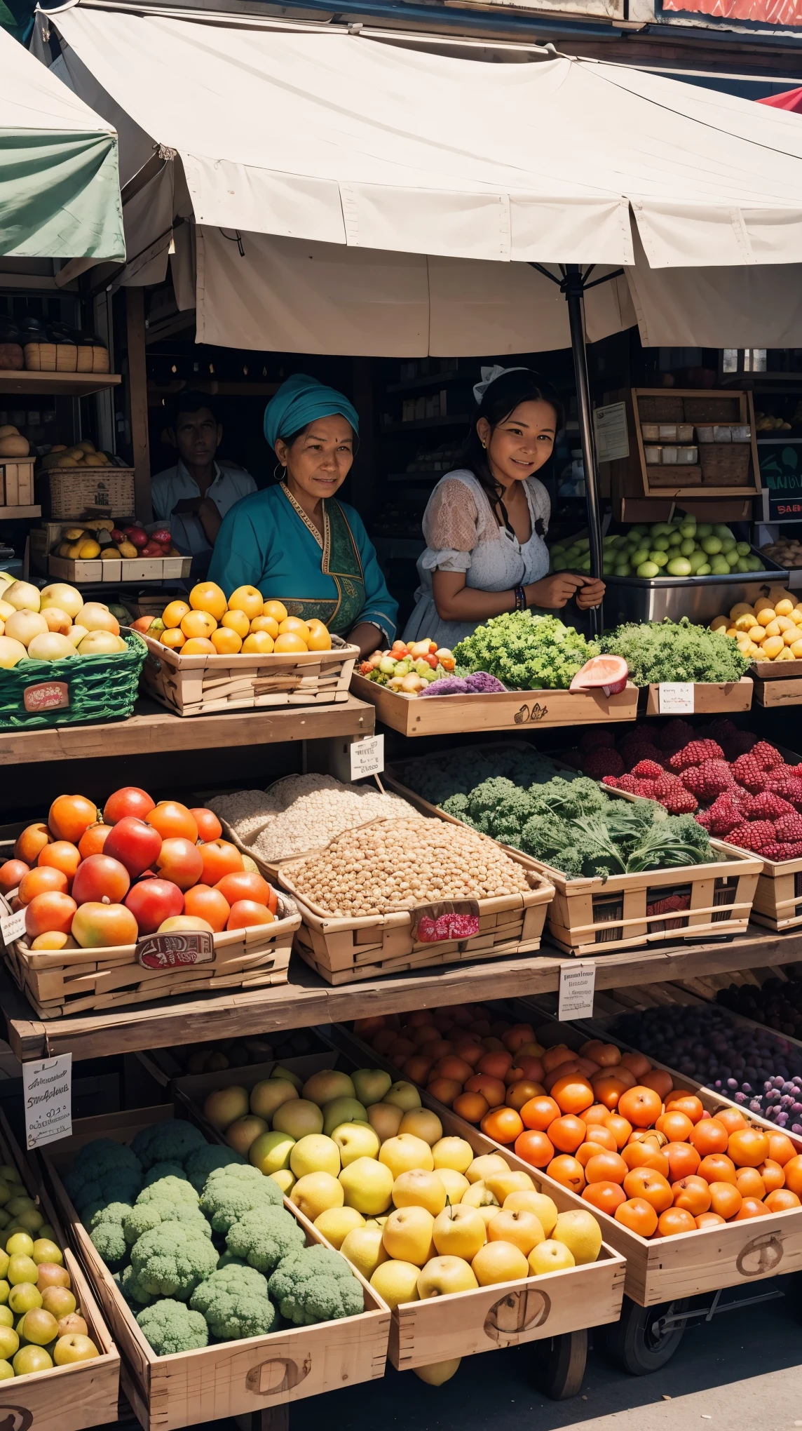 street vendor,selling fruits and vegetables,traditional clothes,colorful fabrics,traditional hat,bustling market scene,baskets of produce,local culture and tradition,people haggling,authentic street food carts,boisterous atmosphere,bustling streets,bright and vibrant colors,(best quality,highres),lively energy,authentic local flavors,busy crowd,banners and signs,smiling faces,diverse clientele,loud and enthusiastic vendors,exotic spices and aromas,spontaneous interactions,traditional music playing in the background,curious passersby,impressive variety of fruits and vegetables,freshly harvested produce,vibrant and lively ambience,enticing displays of food,tempting aromas,friendly and helpful vendors,unique regional specialties,traditional pottery and crafts,colorful parasols,authentic cultural experience