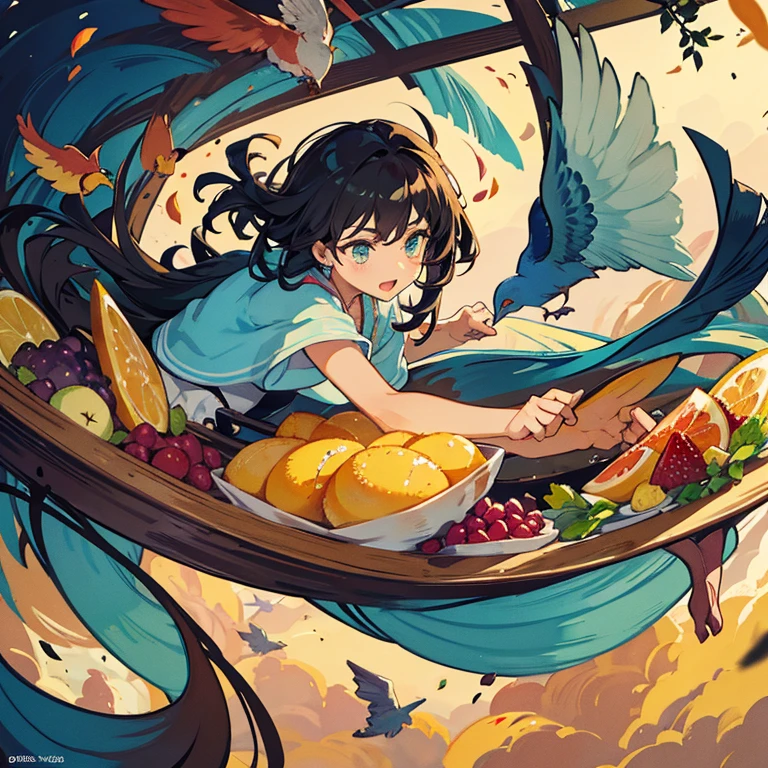 A toy shop covered in a wide variety of fruit parfaits offering a wide variety of flowers.、amazing dynamism、amazing angle、unstable anti-gravity sandstorm、((Many friendly large and diverse birds float closely together and chase each other.))、((surround each other'large variety of soft foods))