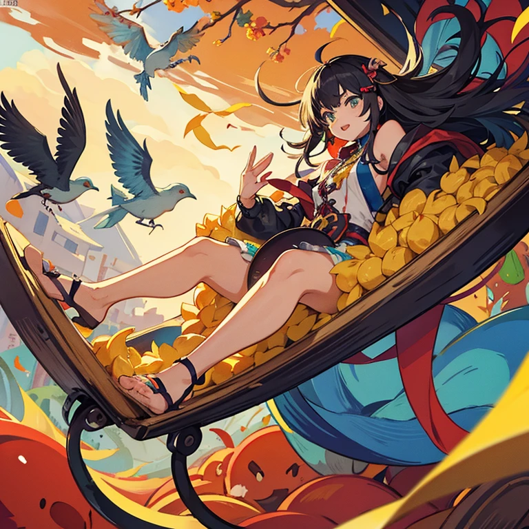 A toy shop covered in a wide variety of fruit parfaits offering a wide variety of flowers.、amazing dynamism、amazing angle、unstable anti-gravity sandstorm、((Many friendly large and diverse birds float closely together and chase each other.))、((surround each other&#39;large variety of soft foods))