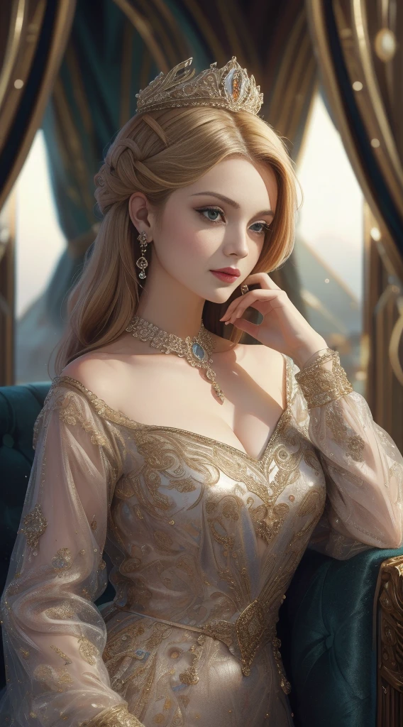 tmasterpiece,Highest image quality,Beautiful bust of a royal lady,Delicate blonde hairstyle,Embellished with a dazzling array of intricate jewelry,super detailing,upscaled。