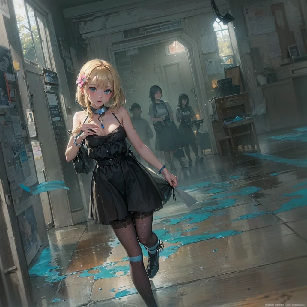 masterpiece, best quality,dutch angle,full body,realistic(painting style,nsfw(1girl, solo),amelia watson,blonde hair, blue eyes, choker, short hair, realistic eyes,wet clothes,translucent,transparent,dripping,negligee,garter belt,socks,embarrassed,standing, 
BREAK holding flower,pison,Prison,gaol,underground,dark,