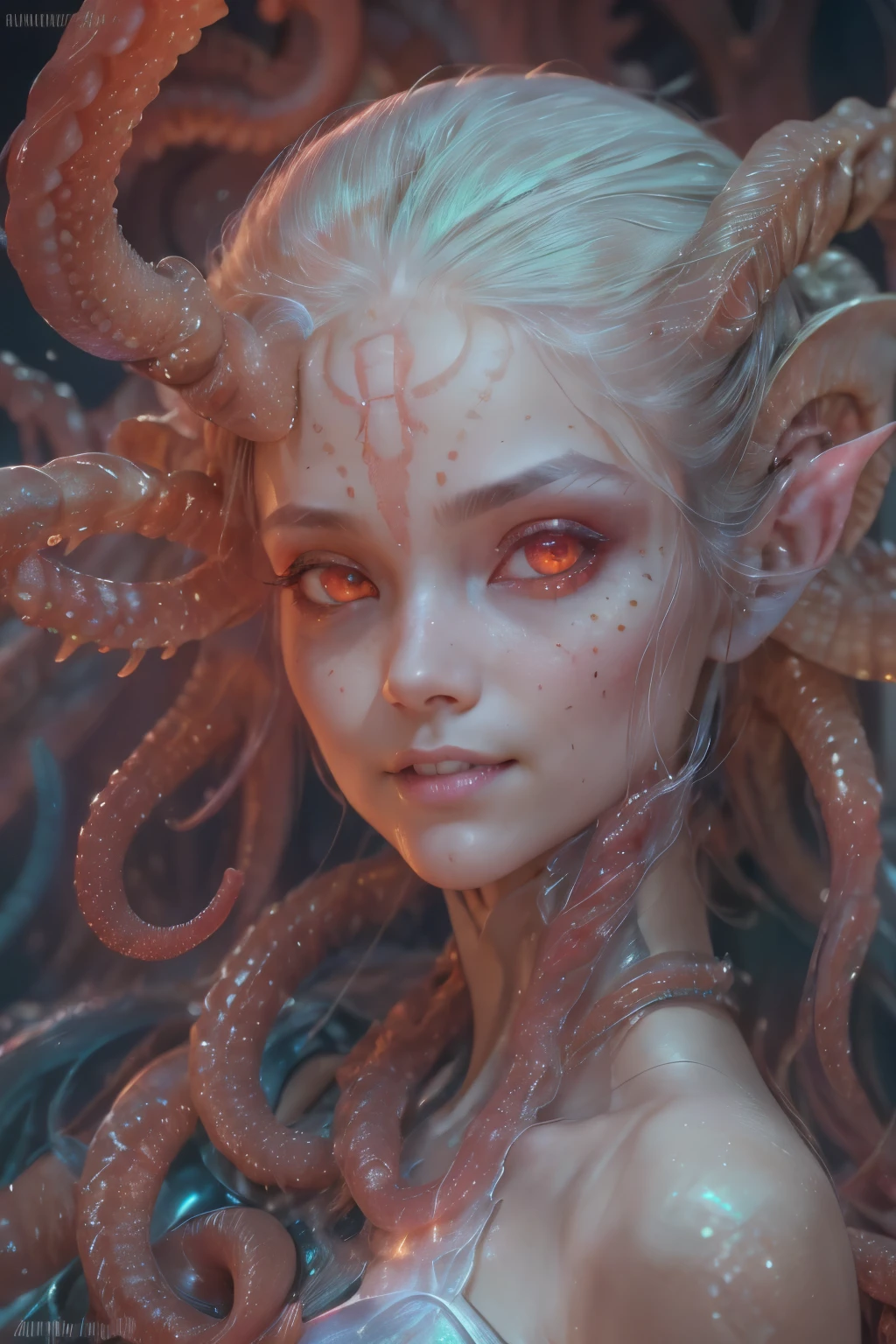 scary and sexy detailed art in color, Portrait, (beautiful and obscene female alien:1.4), (vulgarity1.5), (she has red eyes with no pupils:1.8), (Translucent skin:1.7), (There is a female genital-like organ in the middle of the forehead:1.9), (The most beautiful face in the history of the universe:1.2),an evil gaze that seduces, (large mouth:1.1), (sharp teeth like a vampire:1.2), Full body portrait, (bio luminescent:1.5), (Smile wickedly:1.3), (sexypose:1.5), alien, No humans, cells are fused, (Lots of translucent tentacles:1.3) extraterrestrial, cell, bio image, best quality, 8K,In 4K_quality, High freshness, Dramatic Lighting, masutepiece:1.5,cinematic quality, detail up, (exquisite details:1.2), high resolution, High freshness, drawing faithfully, (Thick eyebrows:1.2), Beautiful eyes with fine symmetry,(Highly detailed face and eyes:1.2), Intimate face, (Super detailed skin quality feeling:1.4), perfect anatomy, (Beautiful toned body:1.5), (Moist skin:1.2), not wearing makeup, (dark circles:1.1), long canines, cinematic drawing of characters, ultra high quality model, cinematic quality, detail up, (exquisite details:1.2), high resolution, High freshness, drawing faithfully, official art, Unity 8K Wall , 8K Portrait, best quality, Very high resolution, ultra detailed artistic photography, midnight aura, unreal engine 5, Ultra Sharp Focus, art by Amano Yoshitaka, ArtGerm, Roisch, intricate artwork, best quality, masterpiece, ultra high resolution, (photos realistic:1.4), ultra realistic realism, dream-like, nautilus, Creation of fantasy, Snail, Dream Snail, (biopunk nautilus:1.3),Thrilling color schemes, ultra realistic realism, seductively smiling, Blue tentacles,