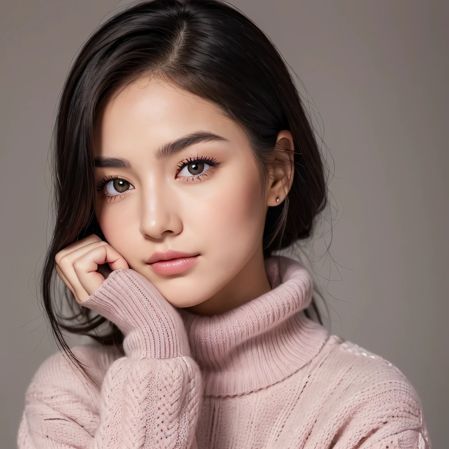 "A young woman with a gentle expression. She has shoulder-length, straight black hair with a slight inward curl at the tips, framing her face neatly. Her eyes are almond-shaped with double eyelids and dark irises, conveying warmth and friendliness. Her eyebrows are naturally arched, well-groomed, and proportional to her eye shape. She has a small, straight nose and soft, pink, medium-full lips that give her a serene look. Her complexion is fair with a subtle blush on her cheeks, and she wears no visible jewelry.
She dons a white, cable-knit turtleneck sweater that looks soft and cozy, suggesting a cold weather setting. The sweater has a ribbed pattern on the collar, cuffs, and waist. She is also wearing what appears to be a plaid skirt with red as the dominant color, hinting at a youthful and casual style. Her posture is upright with a slight tilt to her head, giving her a friendly and approachable demeanor."