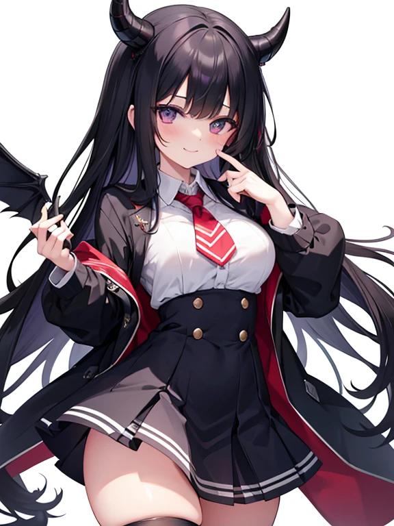 18 year old woman, dressed as a schoolgirl, long black hair, has devil horns, and has a facial expression that smiles broadly like a villain