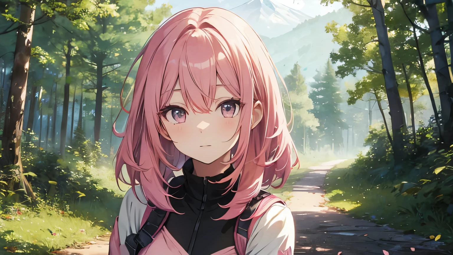 beautiful anime girl with pink hair, forest background