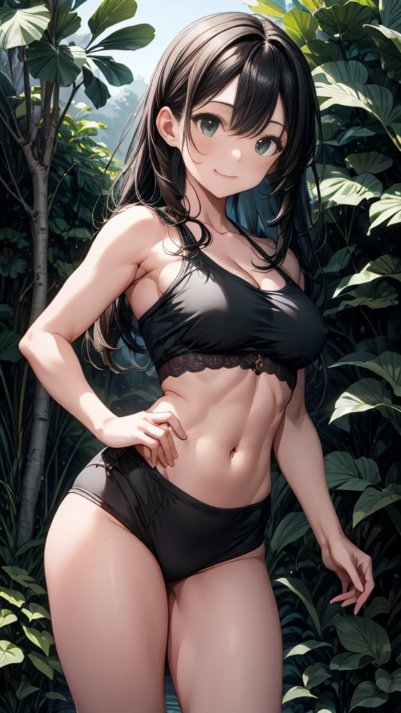beautiful, masterpiece, best quality, illustration,extremely detailed face,perfect anatomy,extreme detailed fingers,(4k),perfect lighting,delicate and beautiful girl,gorgeous,1girl,solo focus,hourglass athletic body,large round breasts,abs,forehead,gradient hair,(black hair,green gradient hair),cleavage,midriff,in the jungle,tree,bush,smirk,standing,hand on hips,