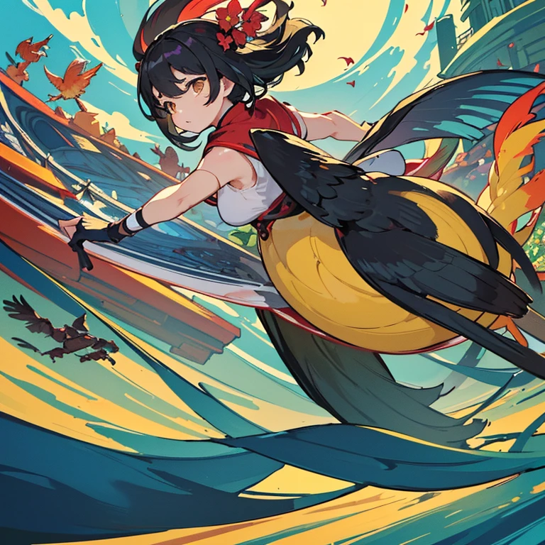 A toy shop covered in a wide variety of fruits offering a wide variety of flowers.、amazing dynamism、amazing angle、unstable anti-gravity sandstorm、((Many friendly large and diverse birds float closely together and chase each other.))、((surround each other&#39;large variety of soft fish))