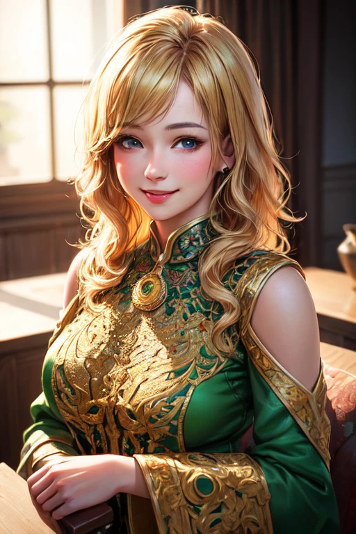 (realistic:1.3), rembrandt lighting, (masterpiece:1.2), (photorealistic:1.2), (highest quality), (fine skin:1.3), (intricate details), ray tracing,blonde girl, 28 years old, fine skin texture, (blush:0.5),green clothes,devil enamel costume,smile,The whole body is shown