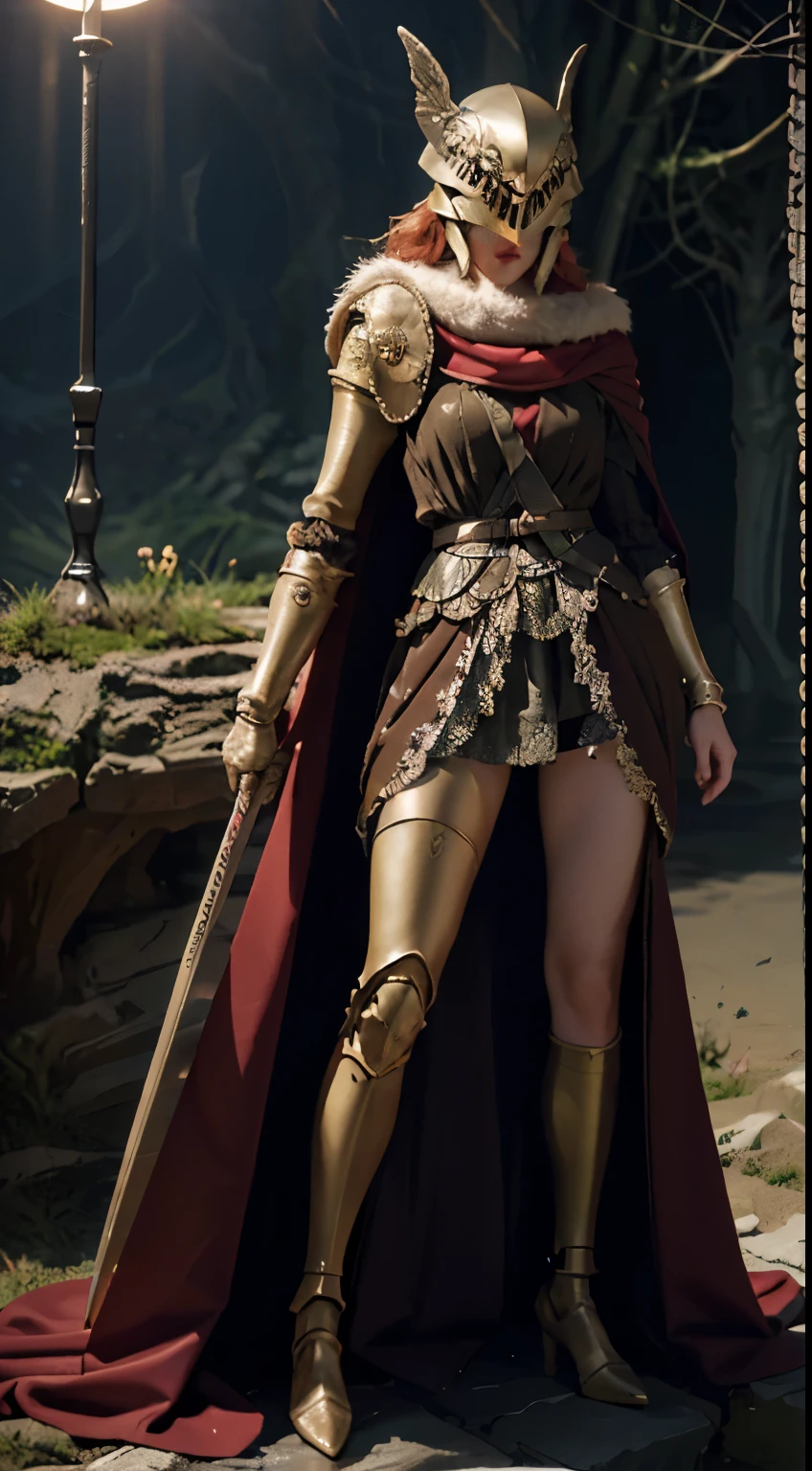 Highly detailed, High Quality, Masterpiece, beautiful, 1girl, prothestic leg, single mechanical arm, prosthesis, MaleniaDef, armor, cape, helmet, brown dress, sword, holding sword, full body, wide shot, flower, water, solo, sunset, night, (dark environment), 