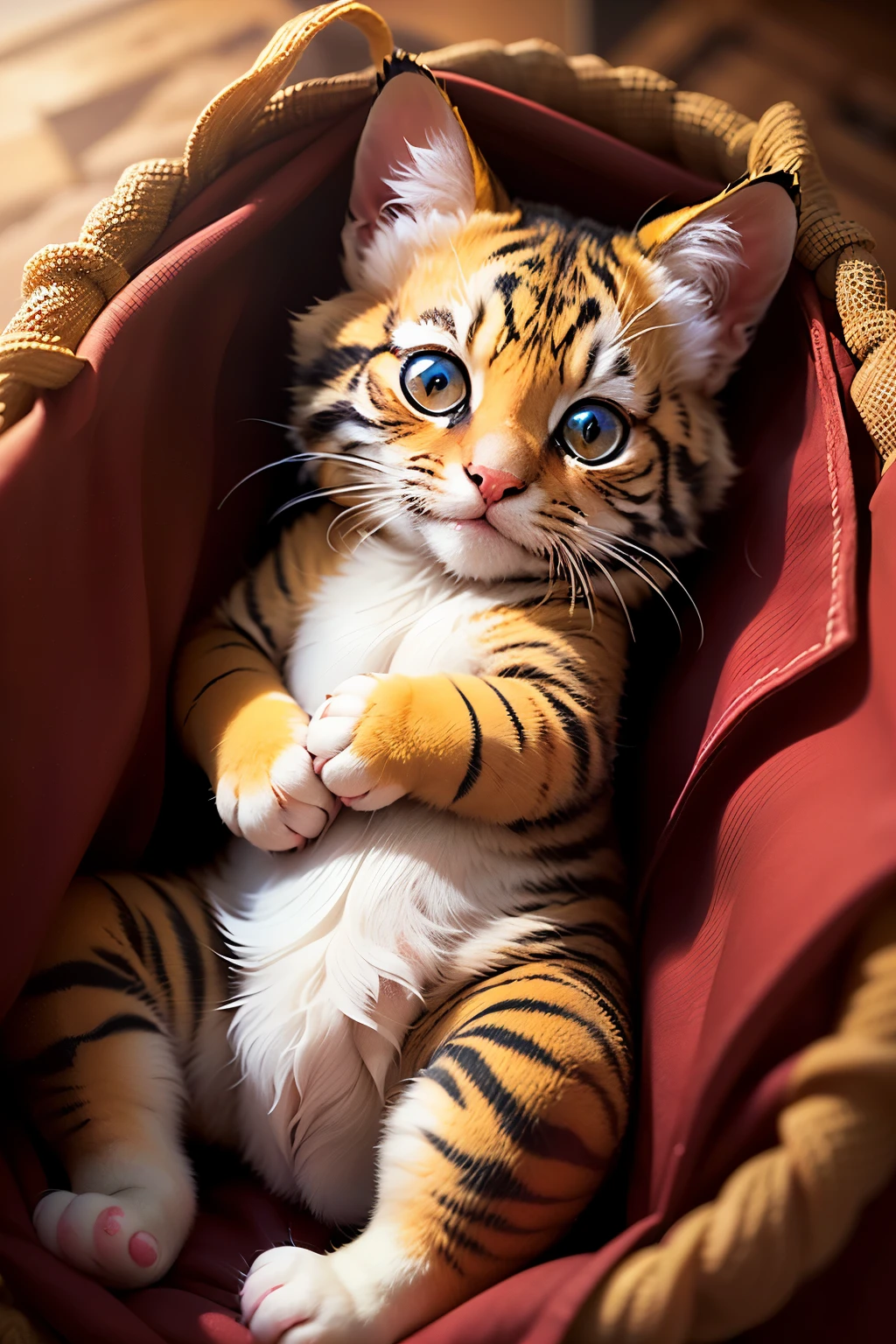 Close-up of cute female kitten, tiger cat in cat nest