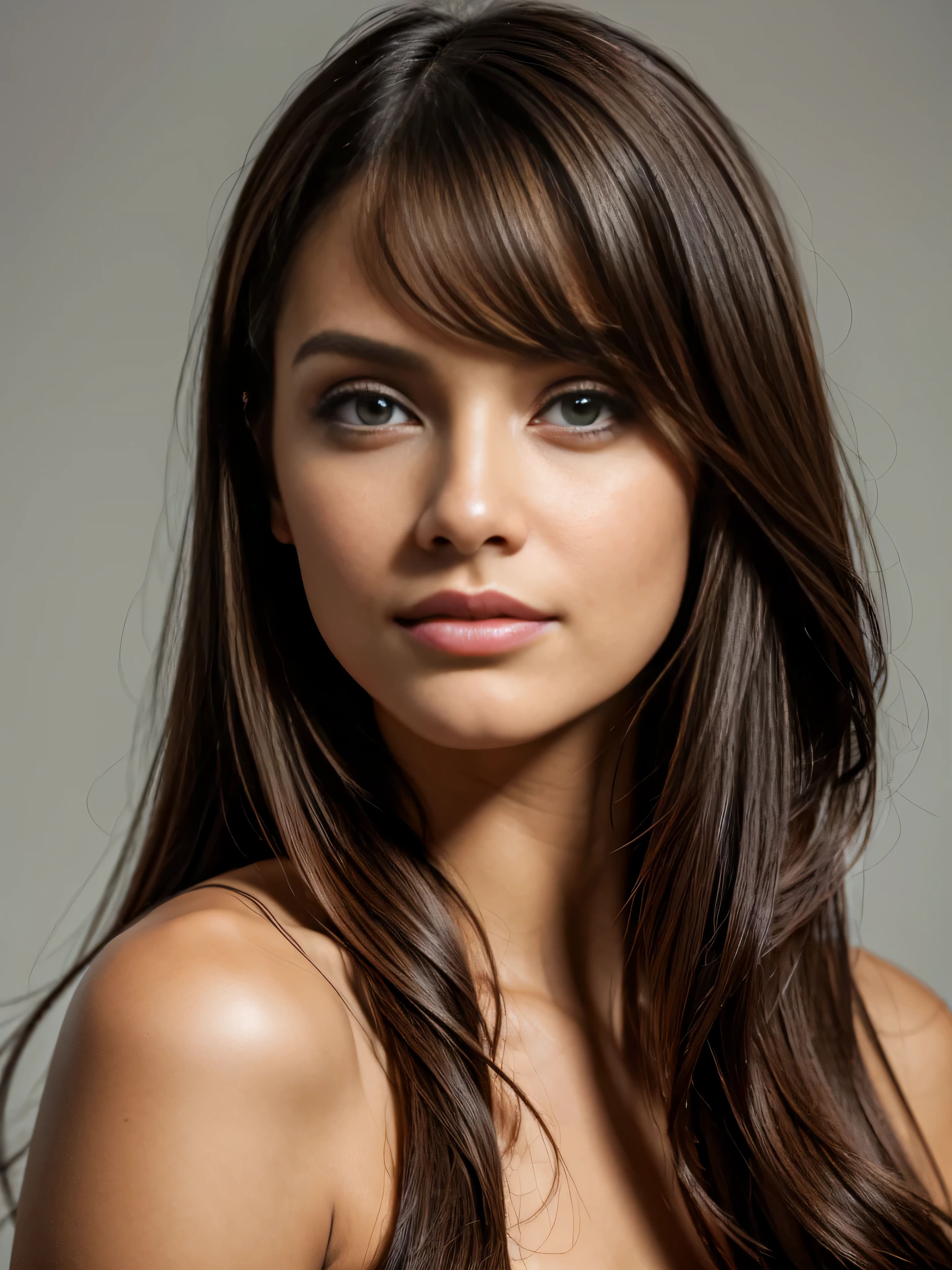 professional photo head shot photo, beautiful brown hair, brown eyes, burgundy lips, sensual photo model female, slight smile, serene, realistic skin texture, slightly bowed head, eyes looking into the camera, spot lighting on the face, sharp shadows purple background