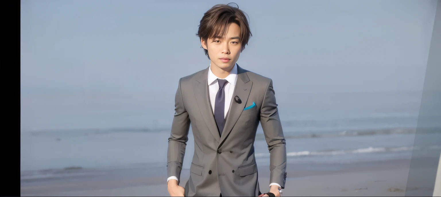 Japanese man, brown hair, grey suit