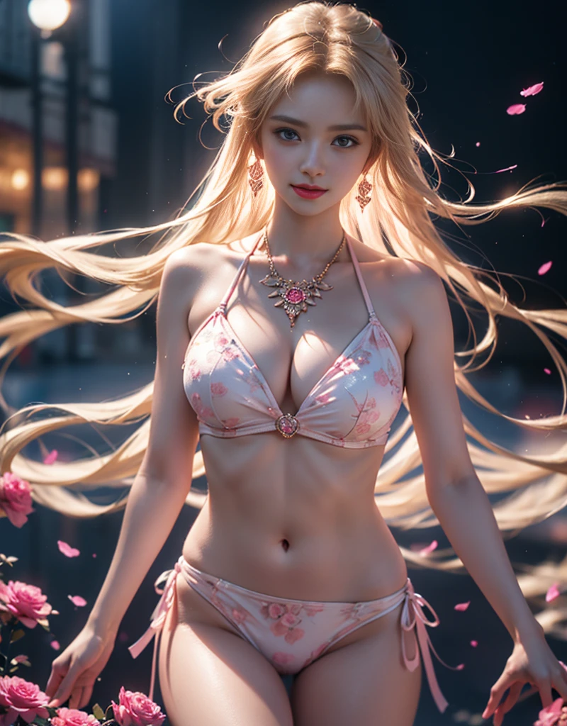masterpiece,Highest image quality,Super detailest quality ,extremely delicate and beautiful, Very detailed,best quality, official art, Extremely detailed CG unified 8k wallpaper, portrait photo, The most beautiful look,Blonde hair, blue eyes,Radiant skin and radiant eyes, beautiful skin,(detailed lighting:1.2), (Beautiful and detailed light:1.3), deep understanding, beautiful nude color, complex, digital painting, Smooth, sharp focus, end of the world, epic reality,looking at camera, (high dynamic range:1.4),face camera, (pastel colors:1.4), beautiful big breasts,end of the world的, give up, neutral color, night, screen space refraction, (intricate details, Super detailed:1.3), art station, movie shot, vignette, complex background, buliding,charming smile,Blushed,Shy,detailed background,(Various colors of dream catcher earrings missing color,Color black,White,pink,Purple,red,blue,orange color,green,blue,,),And flirtatiouposed,camel toe,comb neatly,),The best look,(The most beautiful woman in the world,),Ultra thin,Crystal Pink Diamond Strap Bikini,1 girl,(enchanced quality:1.4),(Quality real skin texture), delicate face,gradient hair, (Perfect body:1.1), There are gemstones on the forehead,, Sparkling pupils,long eyelashes,Super realism, expected, Surreal, ultra high definition, 16k,Dream ,Sheer floral print strappy bikini,Carmelto,Legs slightly open,Fantasy space,Luxurious space,pink空间,rose space,