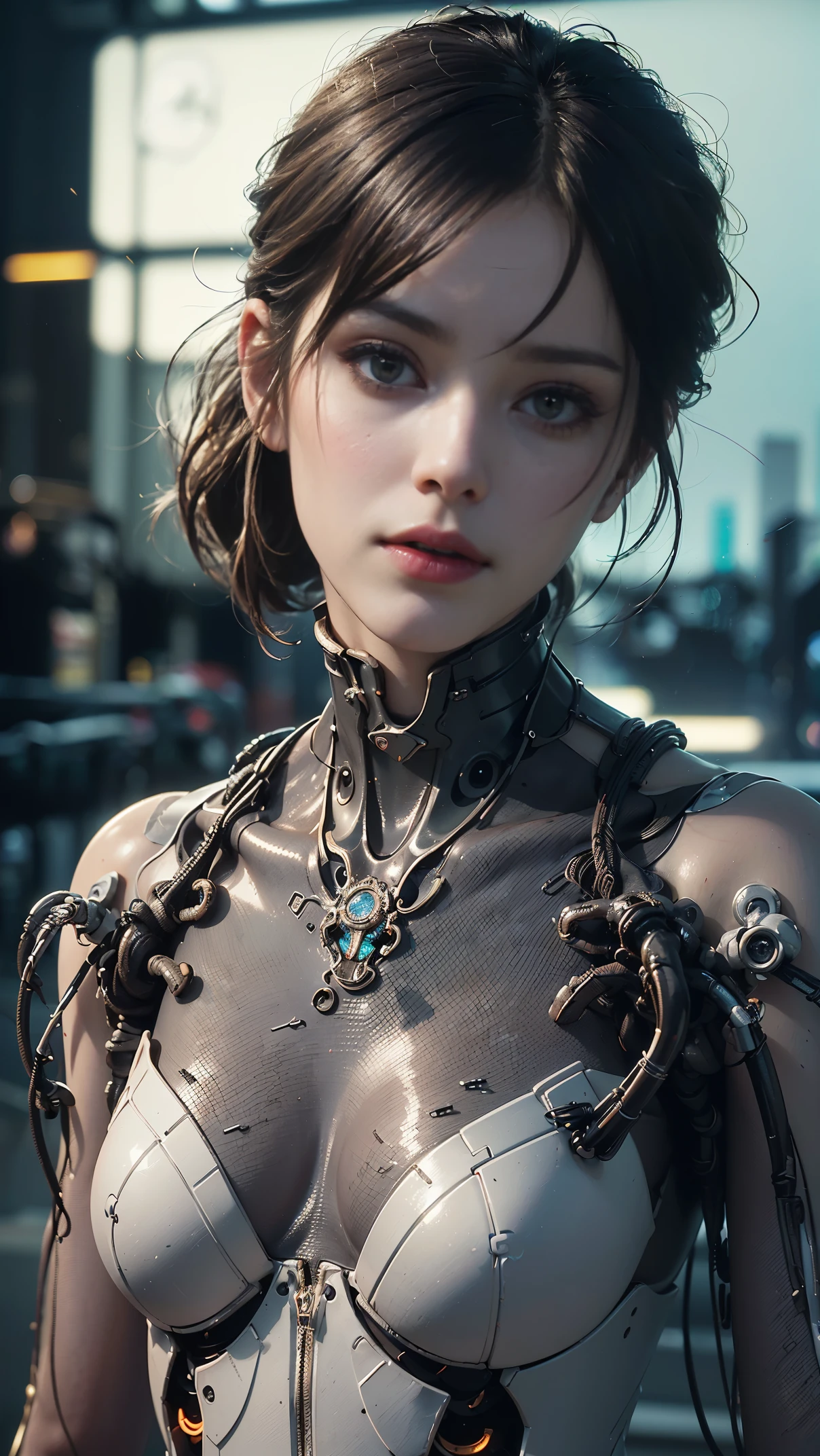 Top Quality, Masterpiece, Ultra High Resolution, ((Photorealistic: 1.4), Raw Photo, 1 cyberpunk android Girl, Glossy Skin, (Ultra Realistic Detailechanical limbs, tubes connected to the mechanical parts, mechanical vertebrae attached to the spine, mechanical cervical attachment to the neck, wires and cables connecting to the head, Evangelion, ((Ghost in the Shell)), small glowing LED lamps, global lighting, deep shadows, Octane Rendering, 8K, Ultra Sharp, Metal, glass, transparent
plastic, Intricate Ornament Details, baroque details, Very intricate details, realistic light, CGSoation trend, facing the camera, neon details, (android machinery in background), art by H.R. Giger and Alphonse Mucha.