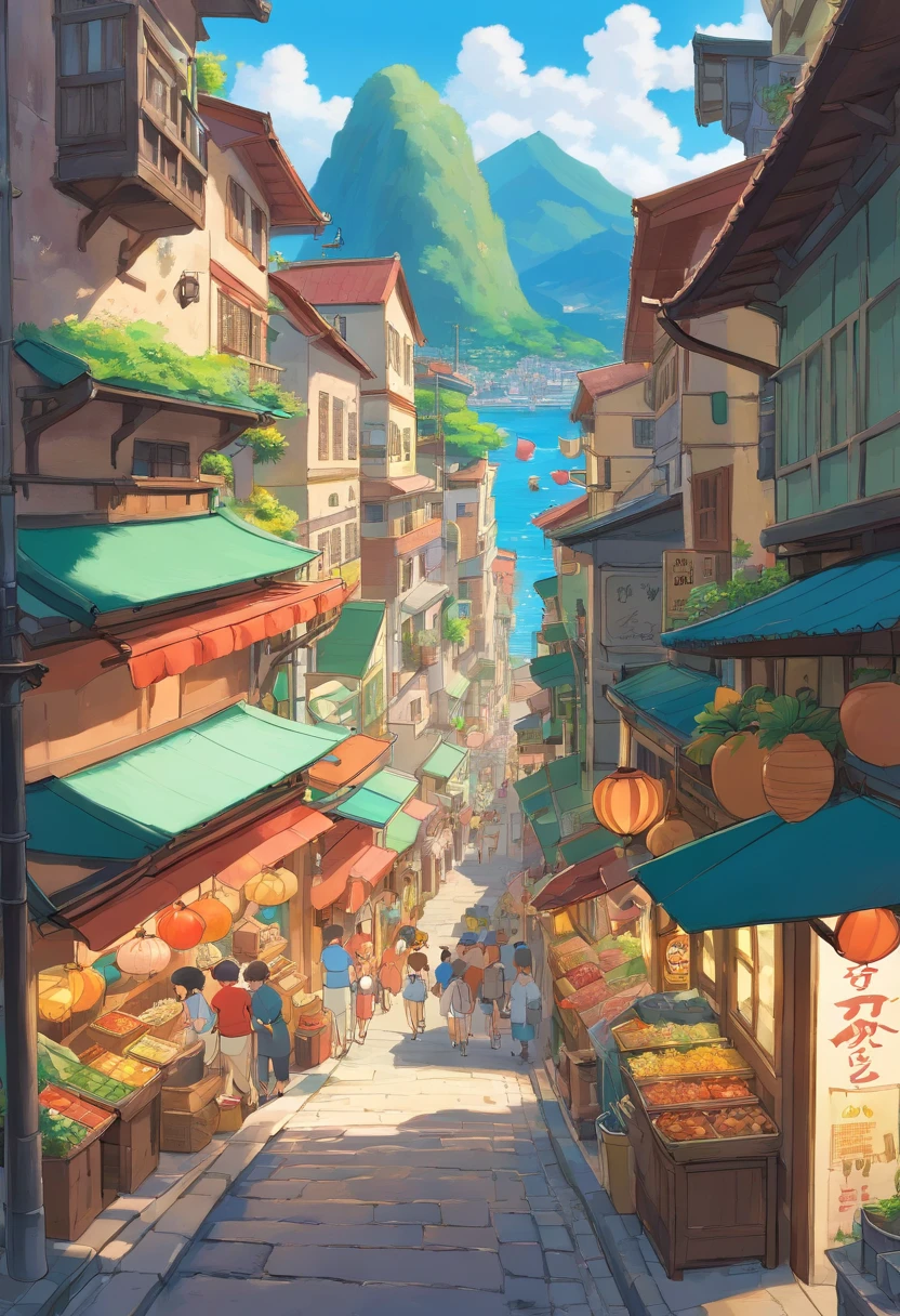 narrow street, tropical island city, busy street, stone buildings, market, crowded, harbor, ocean
