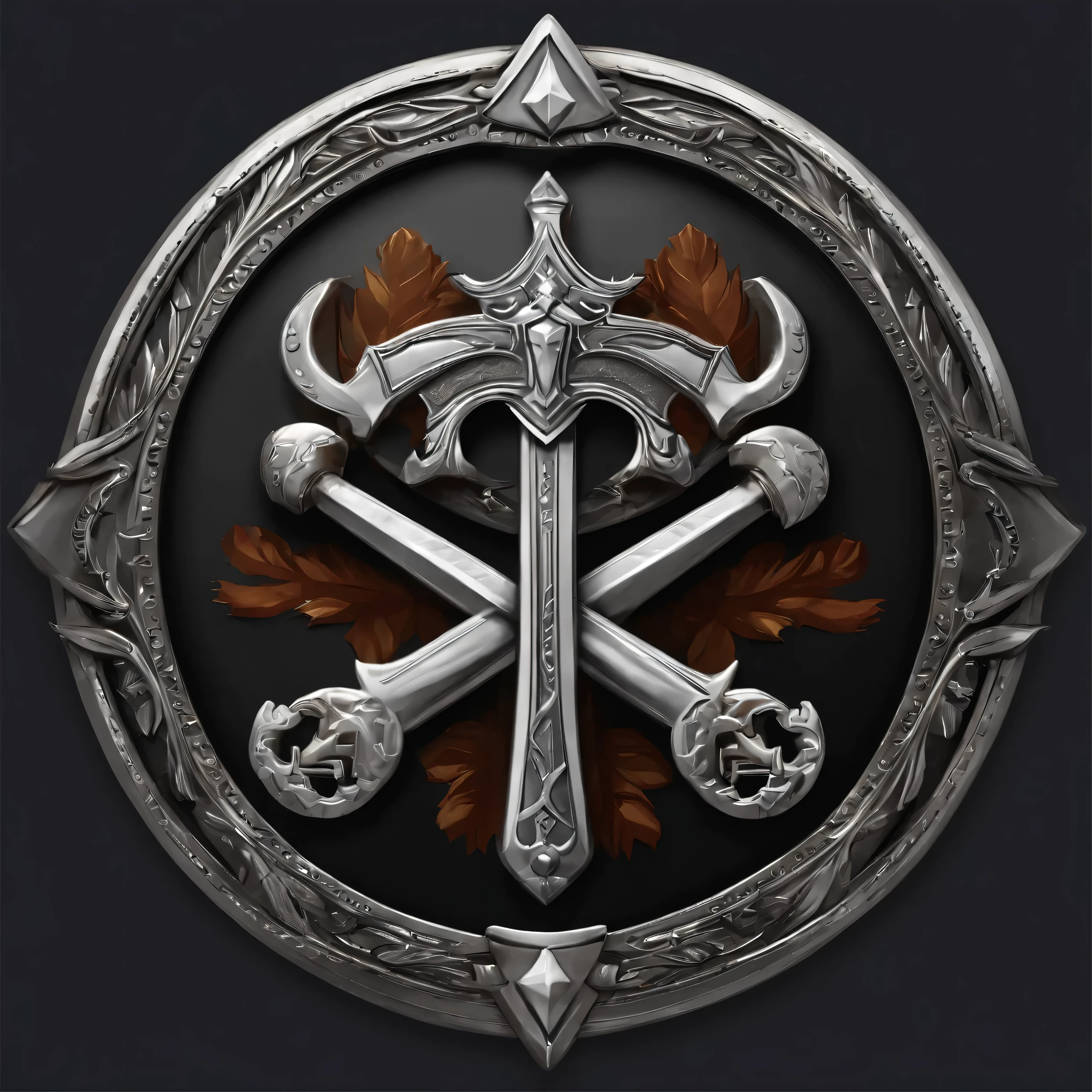 （Game achievement badge design），silver medal，Flat 2D effect，Wheat，(There  a sword in the center of the medal、There  an icon at the intersection of a hammer and a wrench)、sword and sorcery