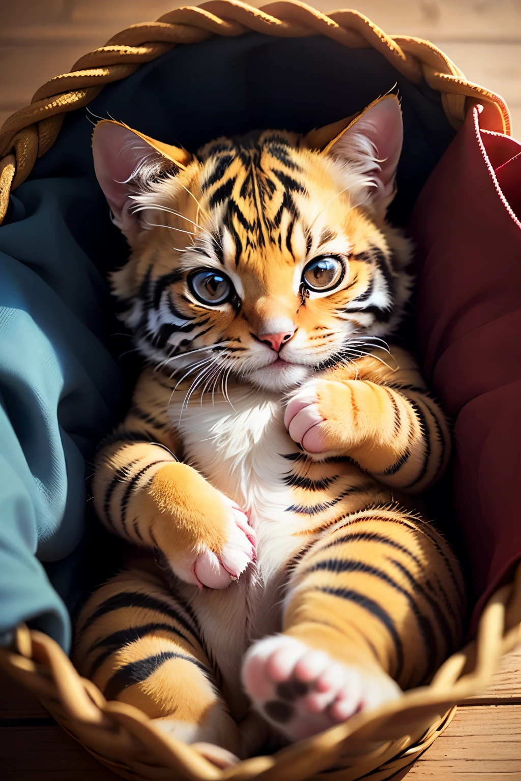 Close-up of cute female newborn kitten. Little tiger cat sleeps in the cat's nest