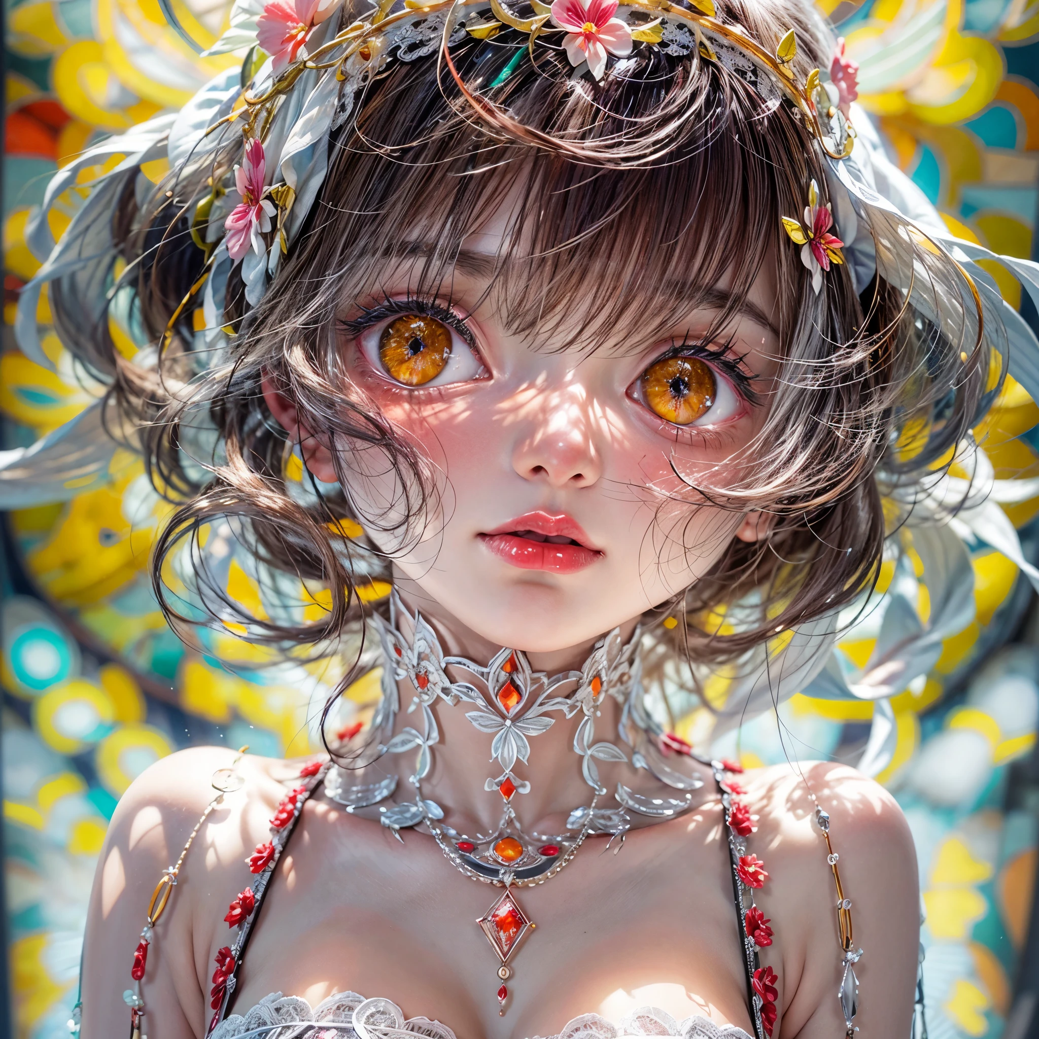 Sexy girl in ((WHITE)) and Delicate lace underwear, with Glossy RED lips, (Exposed:1.2), (nipple:-0.9), { closeup of Cute lips | Dynamic-angle }, ((Dazzling stained glass Background)), (( colorful Light shines through stunning elaborate stained glass:1.2)), vivid Red colors . ((Acutance:0.8, physically-based rendering)), (masterpiece:1.2), (ultra-detailed:1.35), (realistic, photorealistic, ((photo-realistic:1.37))with touch of rawness) . ((Renbutsu Misako)), (Extremely detailed KAWAII face variations, with Dynamic expressions), detailed eyes with sparkling highlights, captivating gaze, long eyelashes, subtle blush on the face, rosy cheeks, impeccable oiled ivory skin texture . { full of flowers covering girl's body | Mystic sight | haze | Light Particle | Lens Particle | Lens Flare | Dazzling angle's Halo | Overflowing sideboob } . ((( not Detailed fingers:-0.9))) .