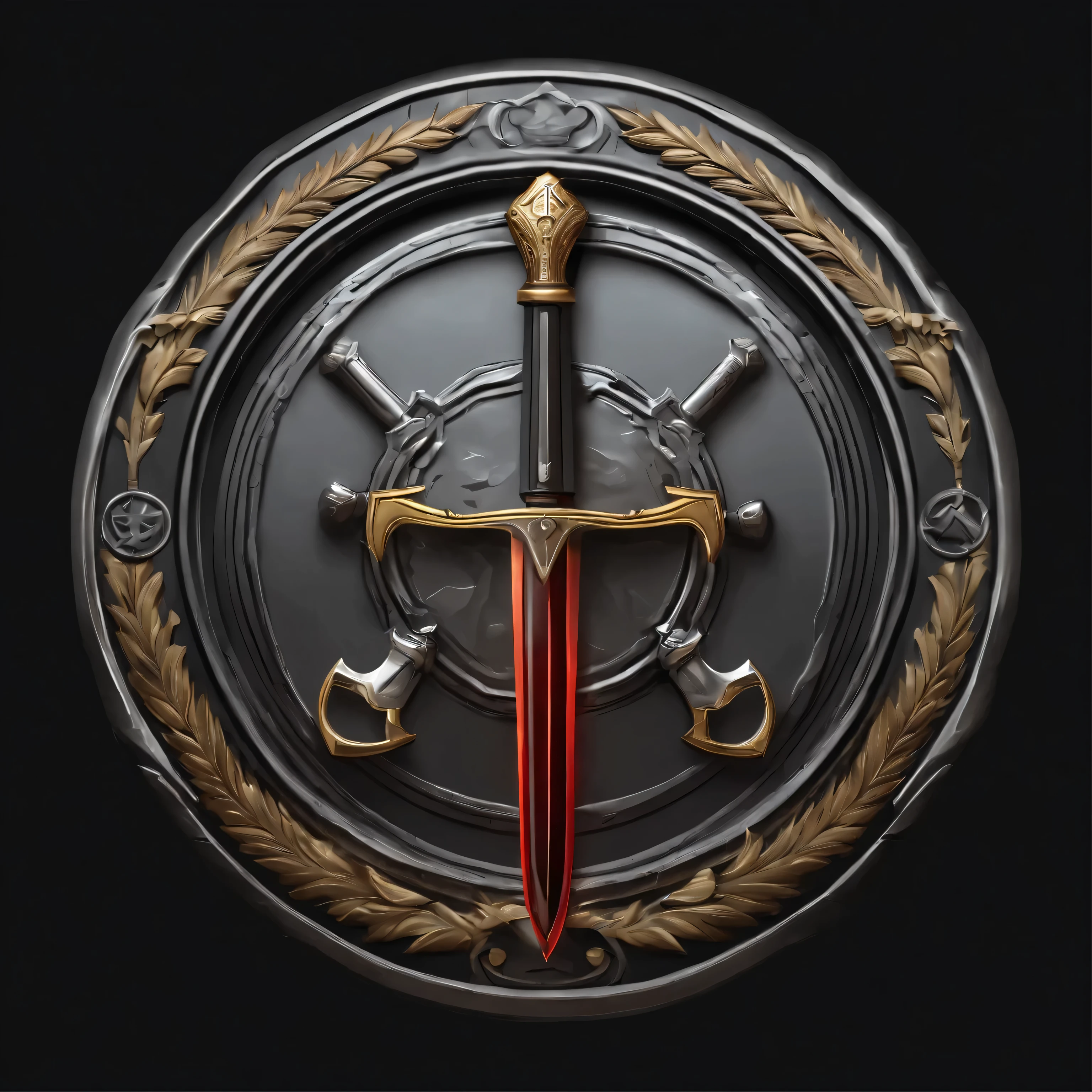 （Game achievement badge design），silver medal，Flat 2D effect，Wheat，(There  a sword in the center of the medal、There  an icon at the intersection of a hammer and a wrench)、sword and sorcery
