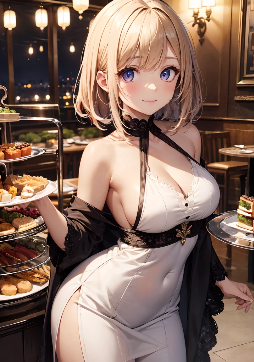 masterpiece, absurdres, best quality, ultra detailed, high Resolution, detailed illustration, extremely beautiful detailed face and eyes, bright colour, 1girl, (), cute face, Delicate beautiful face, magenta eyes, cute eyes, sparkling eyes, big eyes, medium breasts, (perky breasts:1.1), (pointy breasts:1.1), medium hips, glamorous body, white skin, Smile, BREAK, long bob cut, (blonde hair:0.8), messy hair, detailed hair, shiny hair, BREAK casual dress, tiny ribbon, buffet party, fine dining restaurant,  Night, real world, natural lights, perfect lighting,