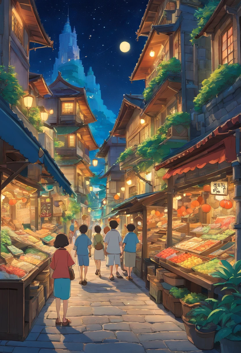 narrow street, tropical island city, busy street, stone buildings, market, crowded, harbor, ocean, night, stars